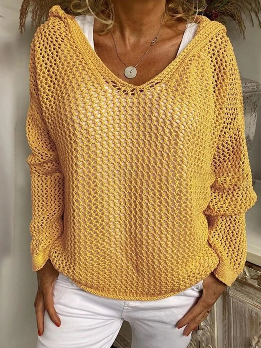 Knitted Outer Layer Sun Protection Knitted Hooded See-through Top - Image 4
