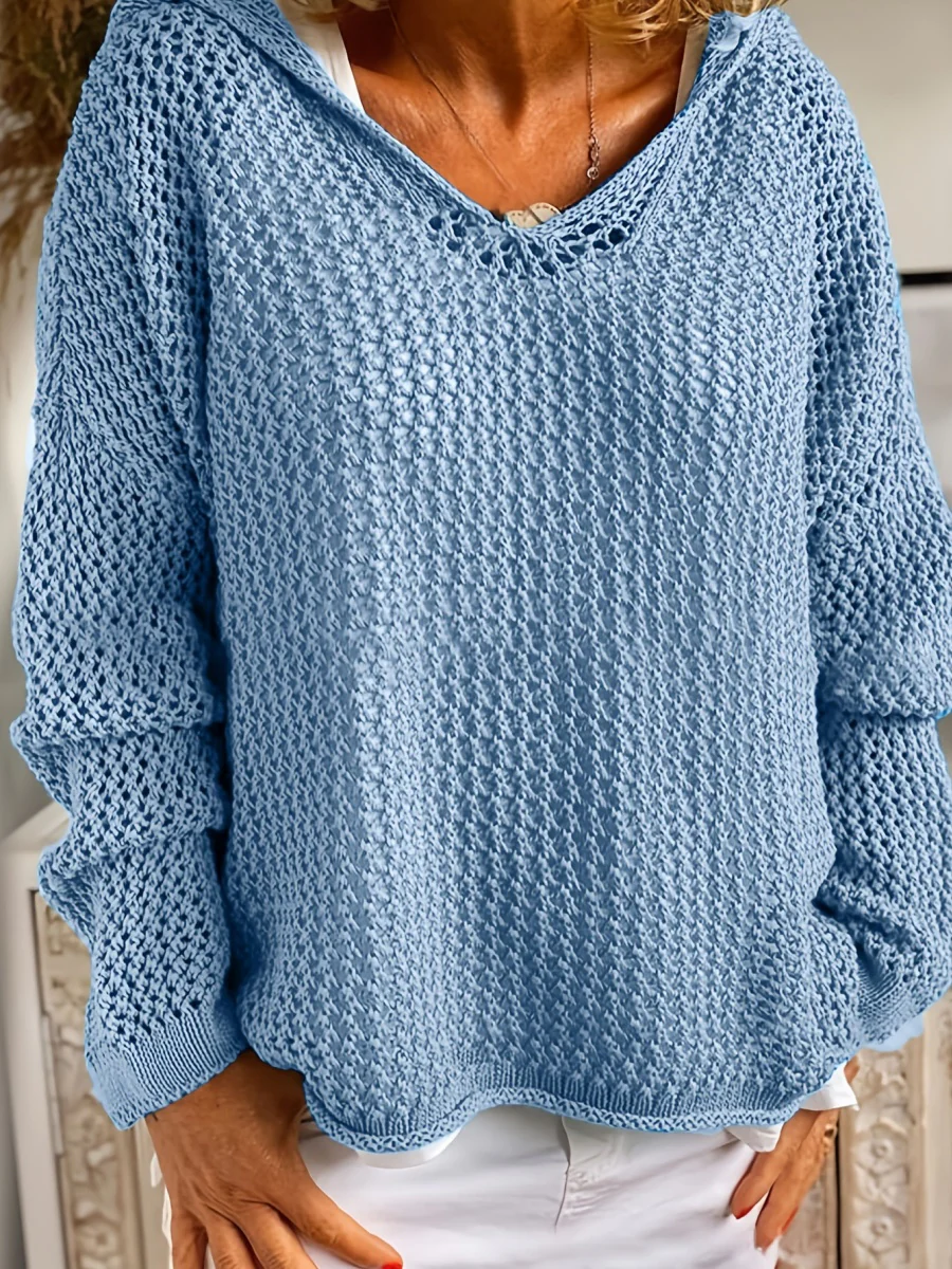 Knitted Outer Layer Sun Protection Knitted Hooded See-through Top - Image 5