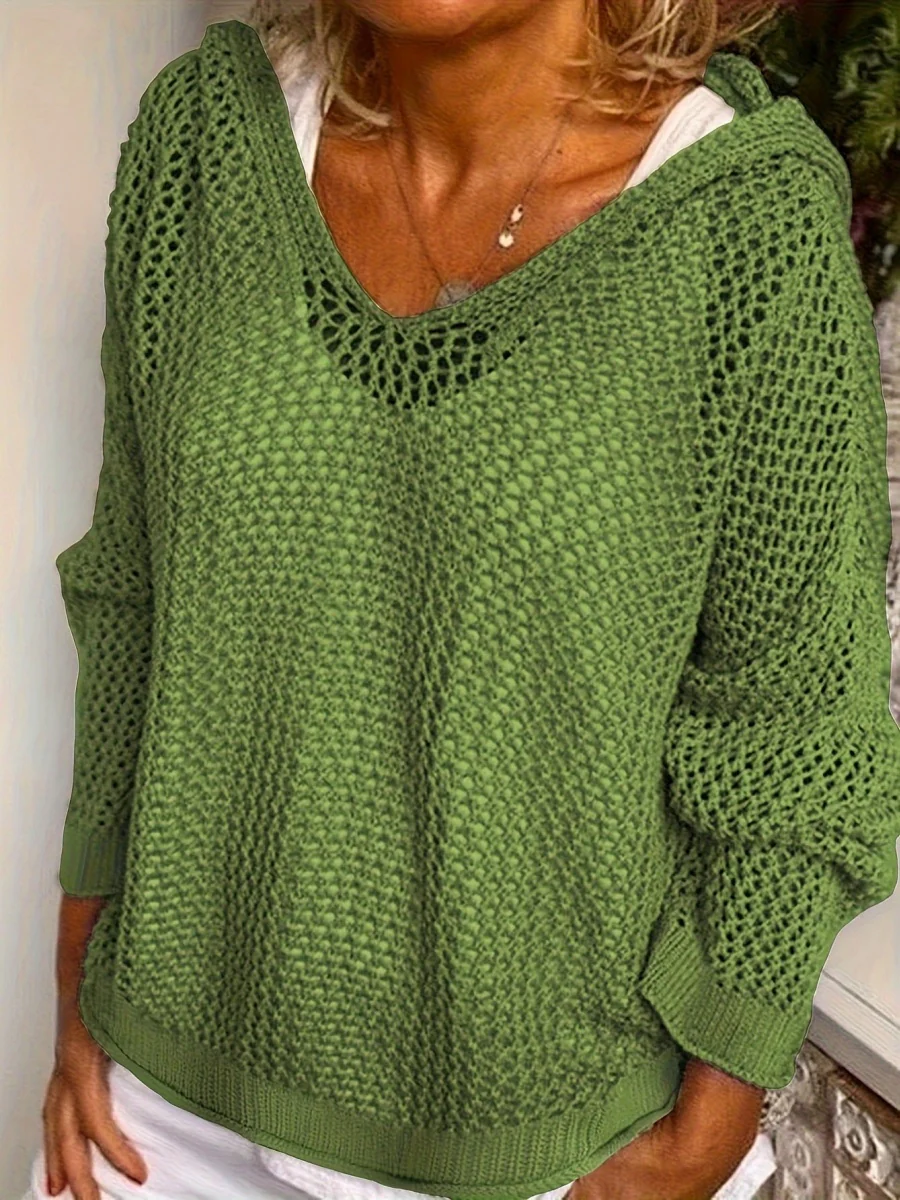 Knitted Outer Layer Sun Protection Knitted Hooded See-through Top - Image 6