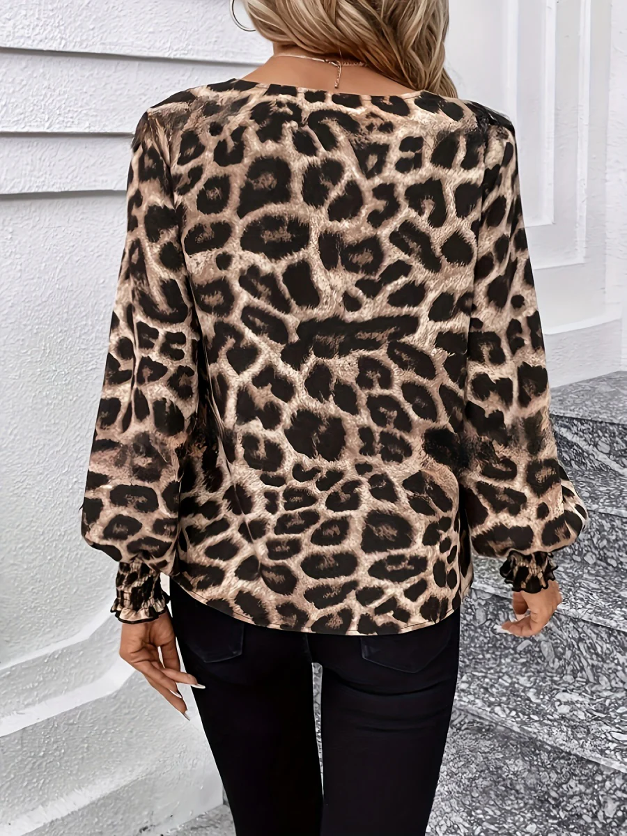 V-neck Leopard Print Loose Long-sleeved Casual T-shirt - Image 2