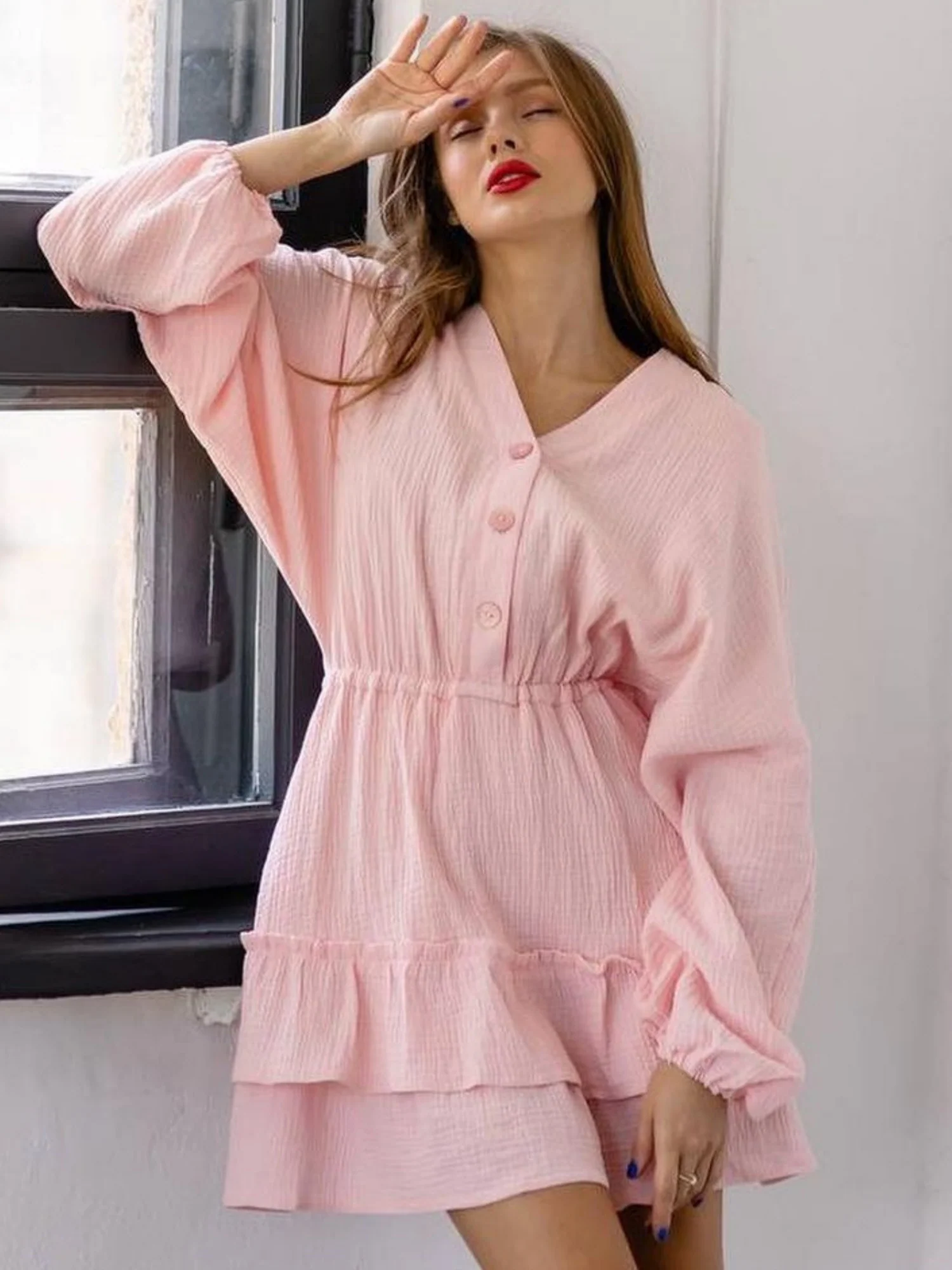 Ruffle Buttons V-neck Long Sleeve Mini&Short Dresses
