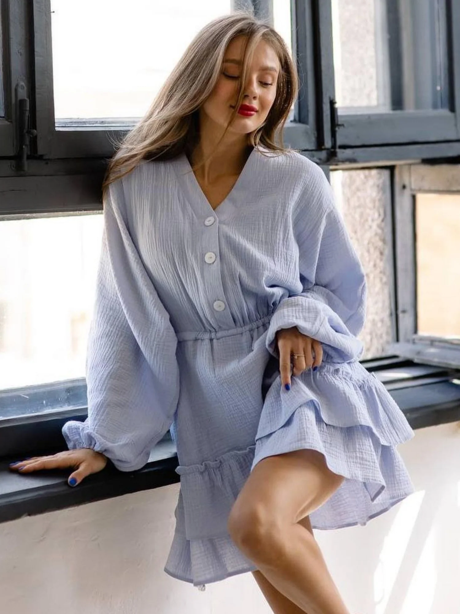 Ruffle Buttons V-neck Long Sleeve Mini&Short Dresses - Image 4