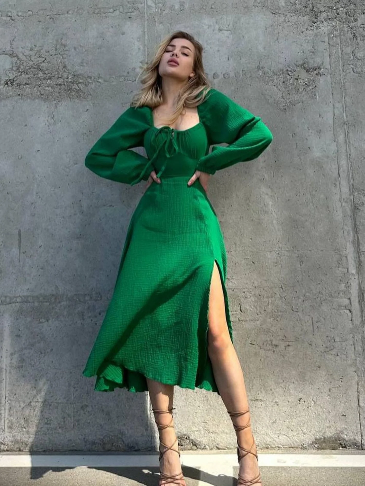 Drawstring Square Collar Puff Sleeve Slit Maxi Dresses - Image 3