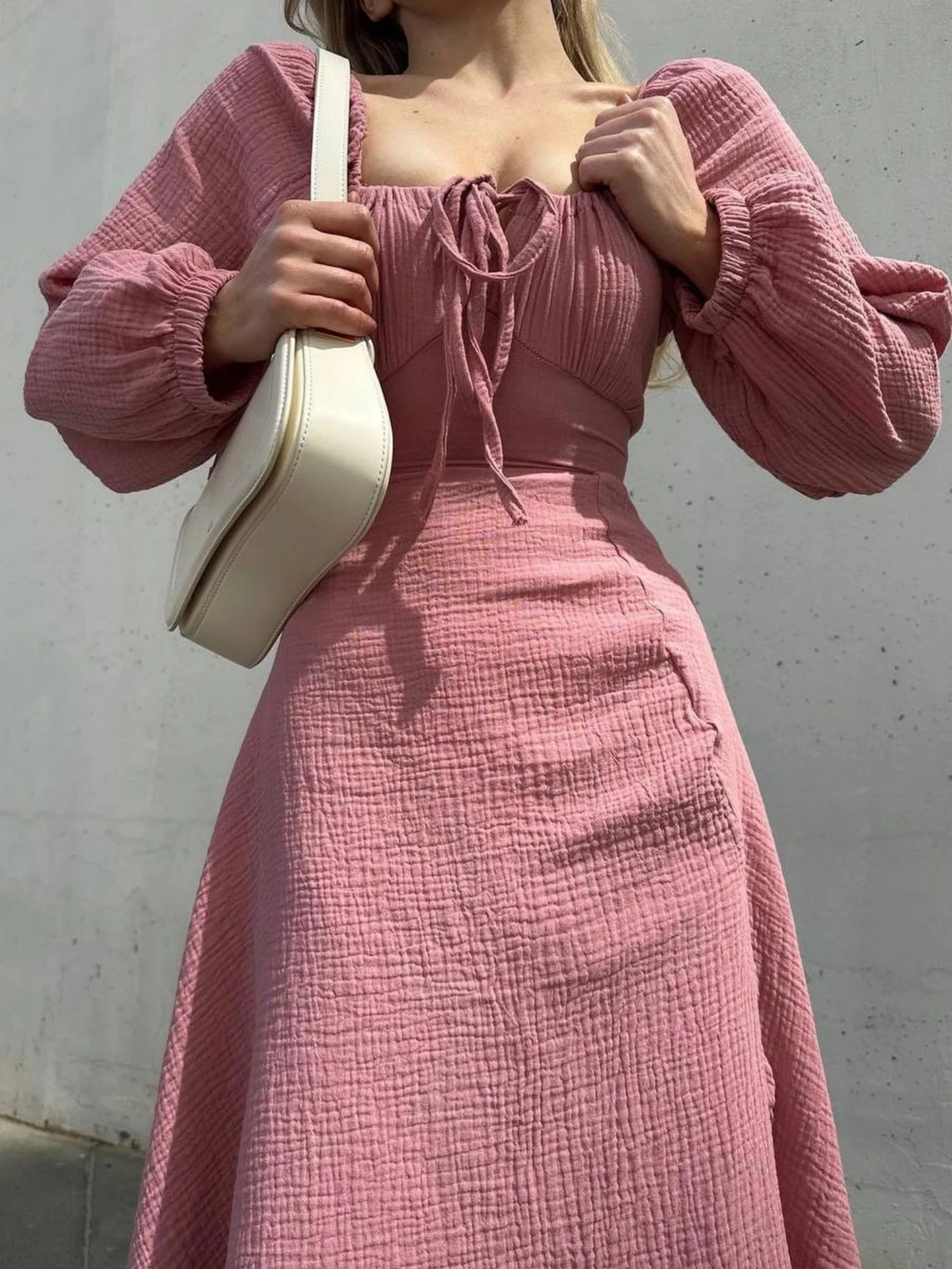 Drawstring Square Collar Puff Sleeve Slit Maxi Dresses - Image 4