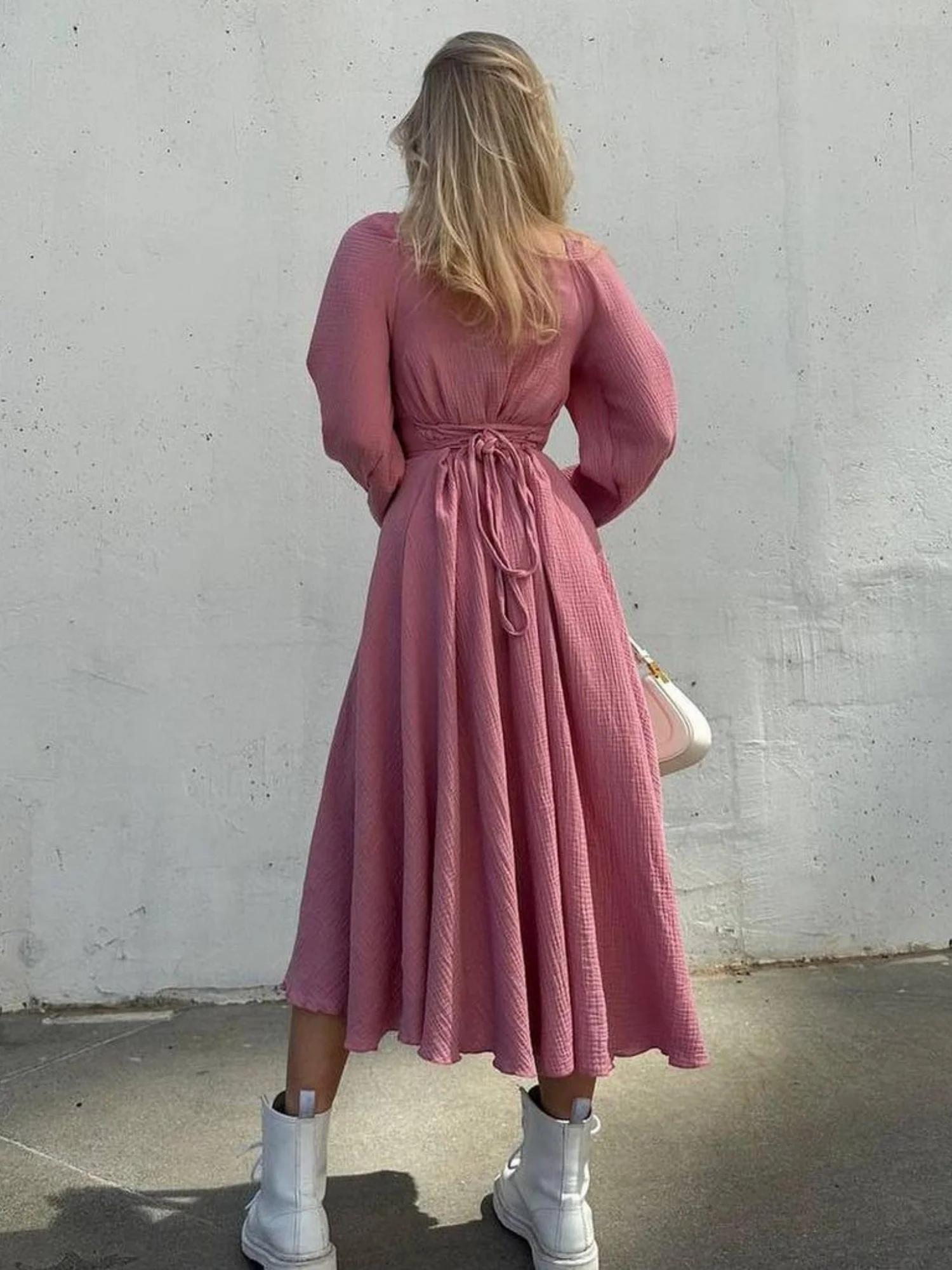 Drawstring Square Collar Puff Sleeve Slit Maxi Dresses - Image 5