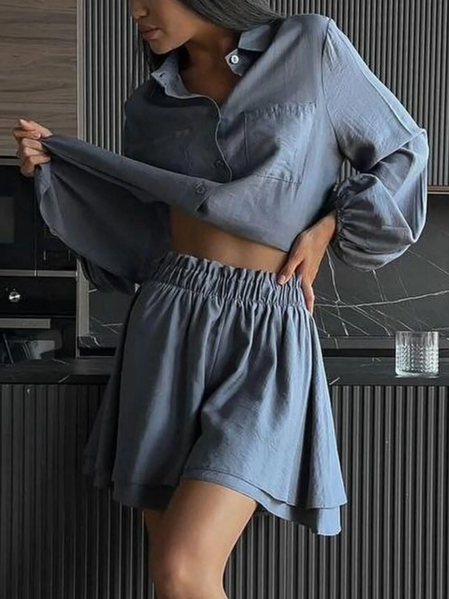 Long-sleeved Top Ruffled Shorts 2-piece Sets - Image 6