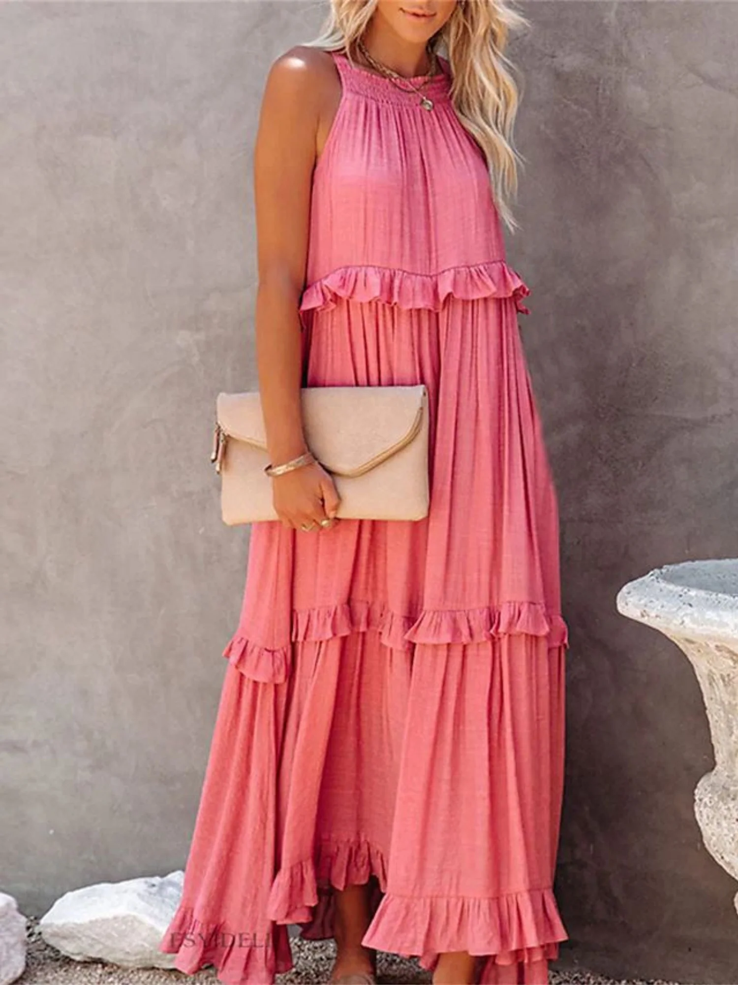 Ruffle Pleated Large Skirt Sleeveless Maxi Dresses - Image 2