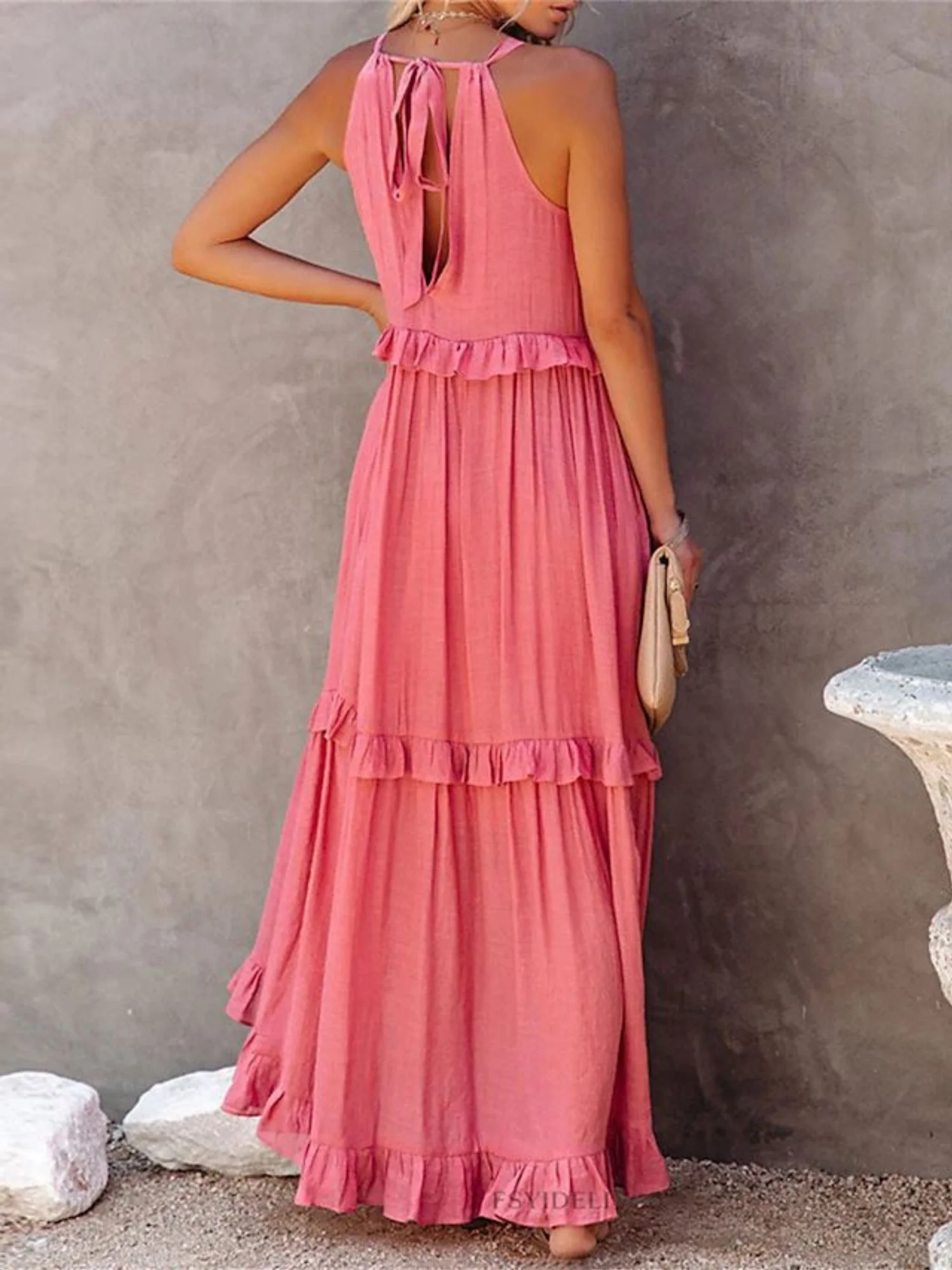 Ruffle Pleated Large Skirt Sleeveless Maxi Dresses - Image 3