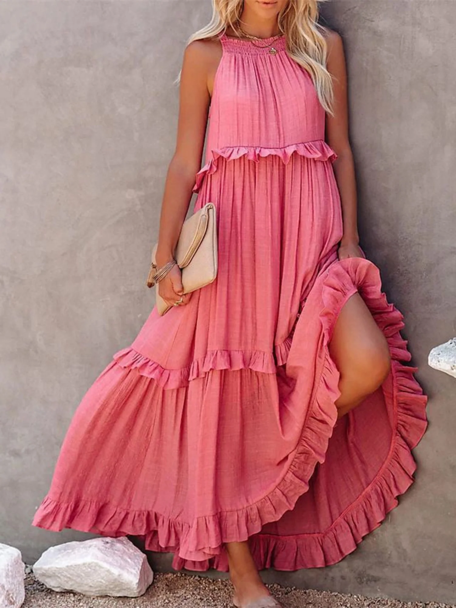 Ruffle Pleated Large Skirt Sleeveless Maxi Dresses - Image 4