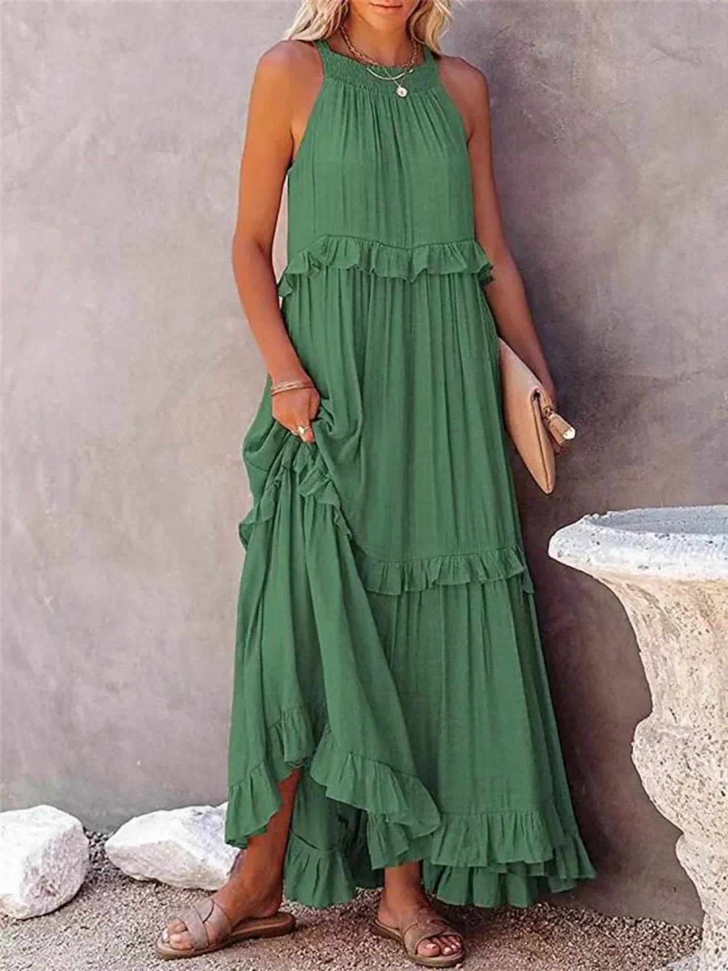 Ruffle Pleated Large Skirt Sleeveless Maxi Dresses - Image 5