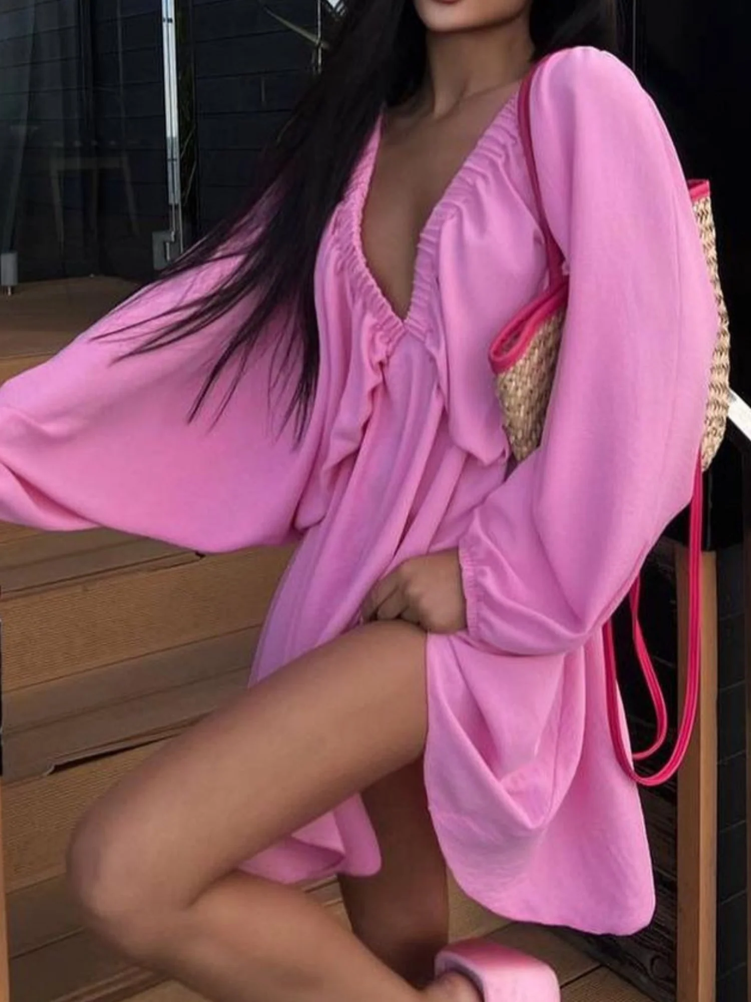 Pleated V-neck Puff Sleeves Large Skirt High-waisted Mini&Short Dresses - Image 11