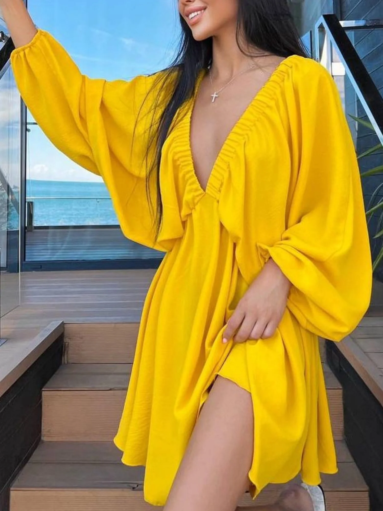 Pleated V-neck Puff Sleeves Large Skirt High-waisted Mini&Short Dresses - Image 12