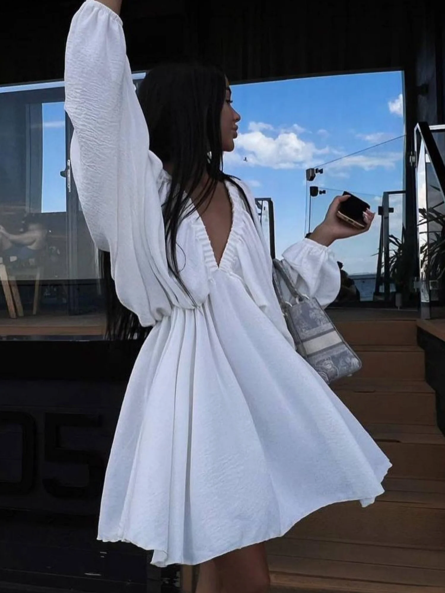 Pleated V-neck Puff Sleeves Large Skirt High-waisted Mini&Short Dresses - Image 3
