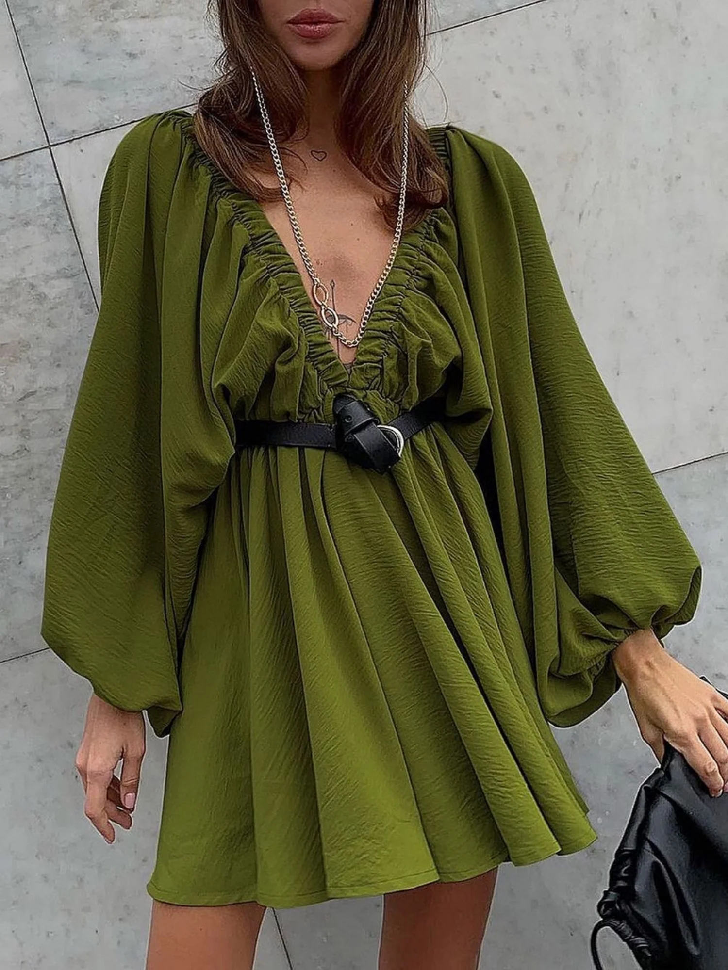 Pleated V-neck Puff Sleeves Large Skirt High-waisted Mini&Short Dresses - Image 5