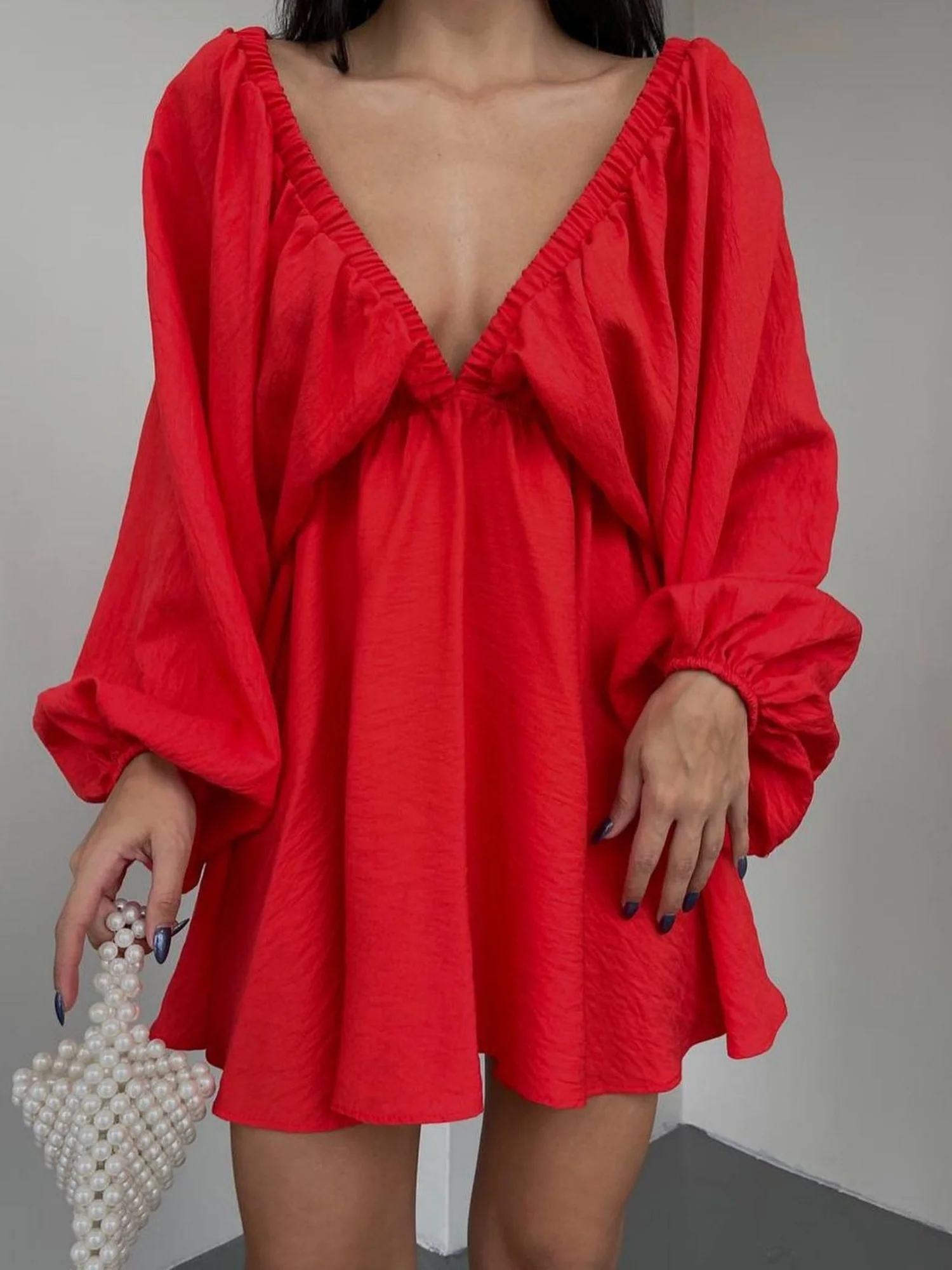 Pleated V-neck Puff Sleeves Large Skirt High-waisted Mini&Short Dresses - Image 6