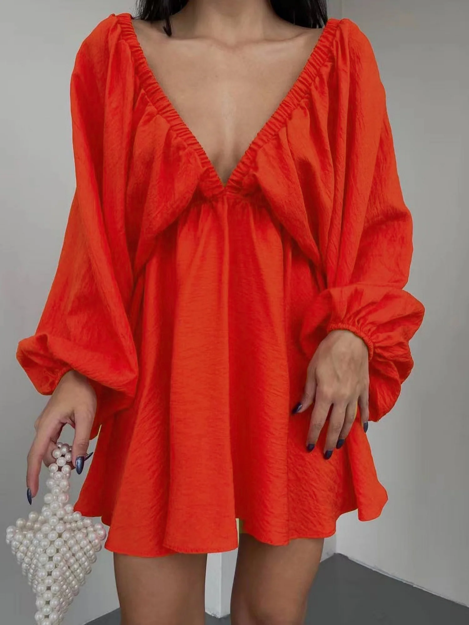 Pleated V-neck Puff Sleeves Large Skirt High-waisted Mini&Short Dresses - Image 7