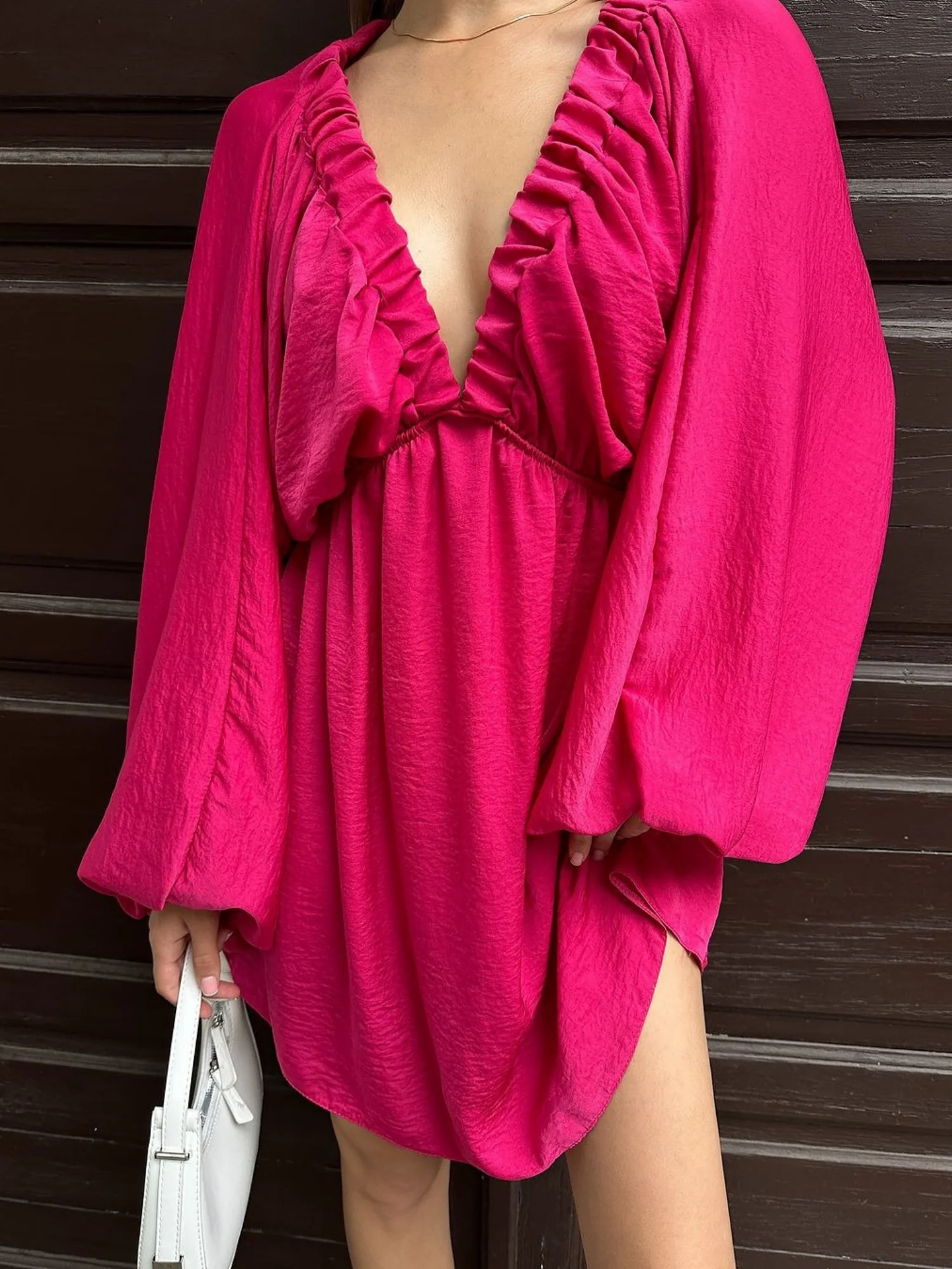 Pleated V-neck Puff Sleeves Large Skirt High-waisted Mini&Short Dresses - Image 8