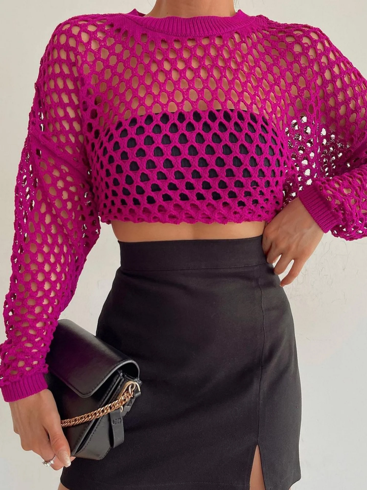 Hollow Out Round Neck With Bell Sleeves Knitted Cover-up - Image 6