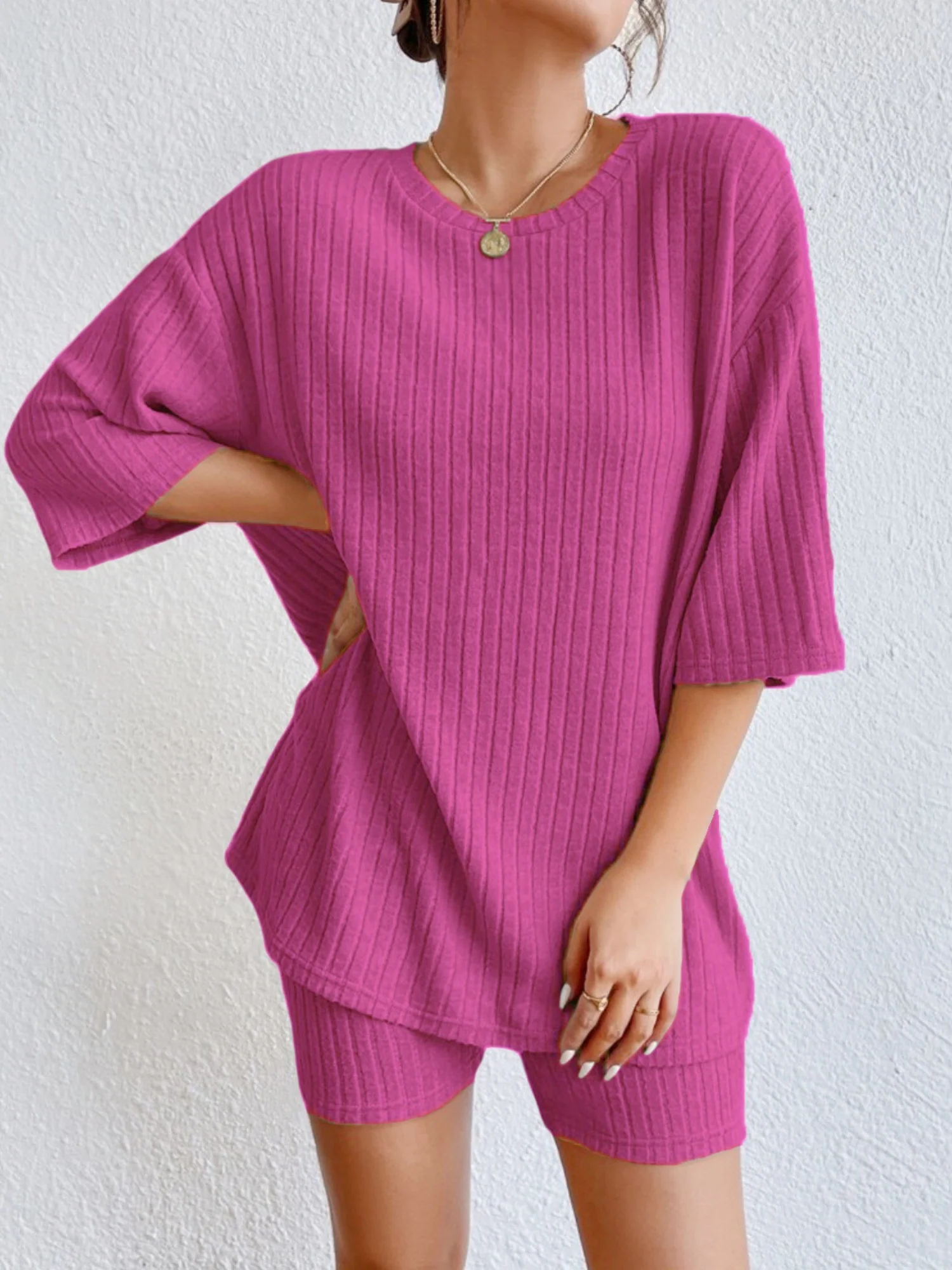 Piping Crew Neck Loose T-shirt And Shorts 2-piece Sets - Image 10