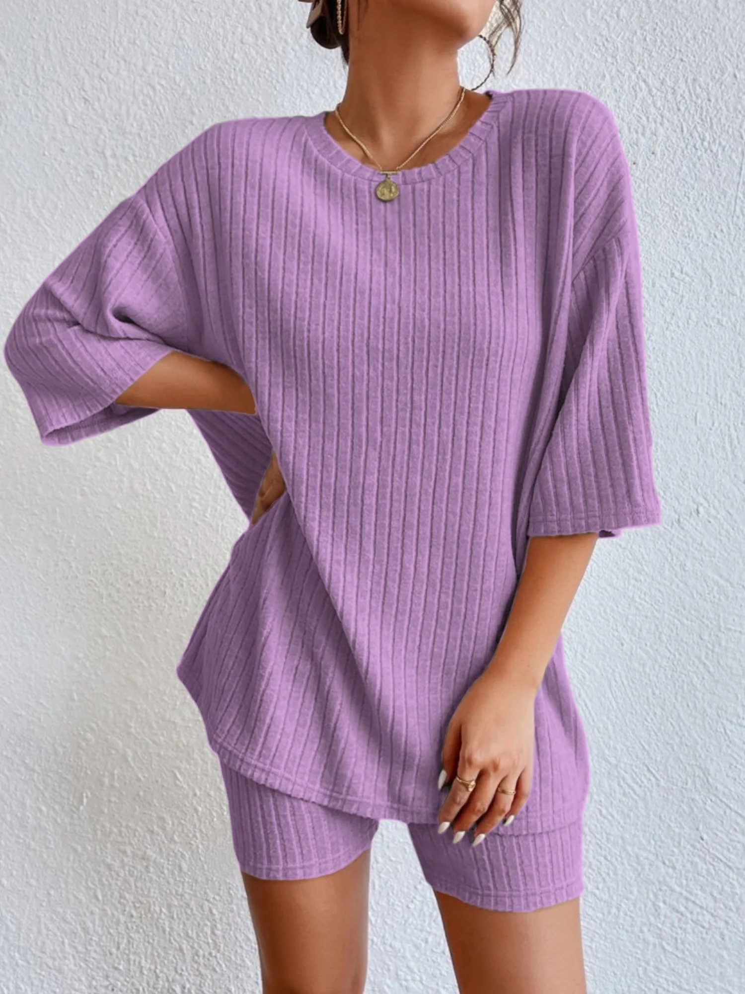 Piping Crew Neck Loose T-shirt And Shorts 2-piece Sets - Image 12