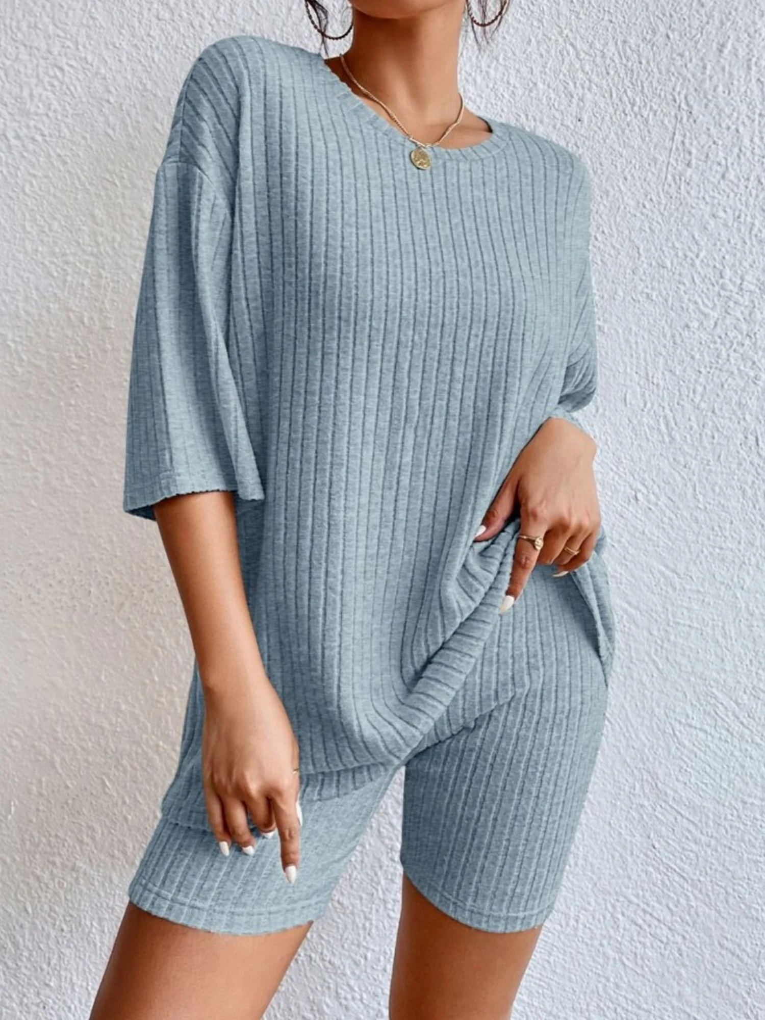 Piping Crew Neck Loose T-shirt And Shorts 2-piece Sets - Image 8
