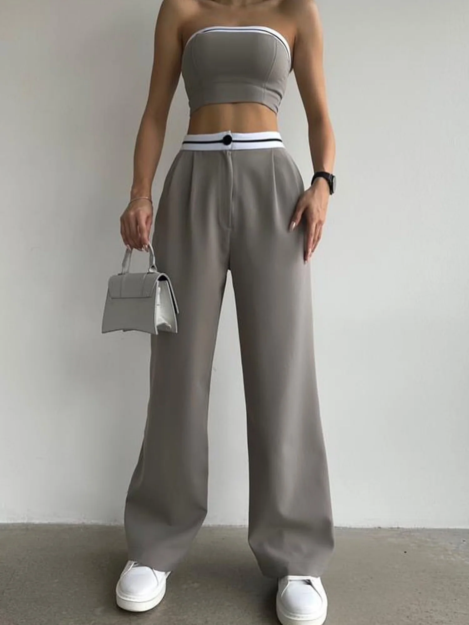 Color-blocked Vest Bandeau High-waisted Wide-leg Trousers 2-piece Sets - Image 2