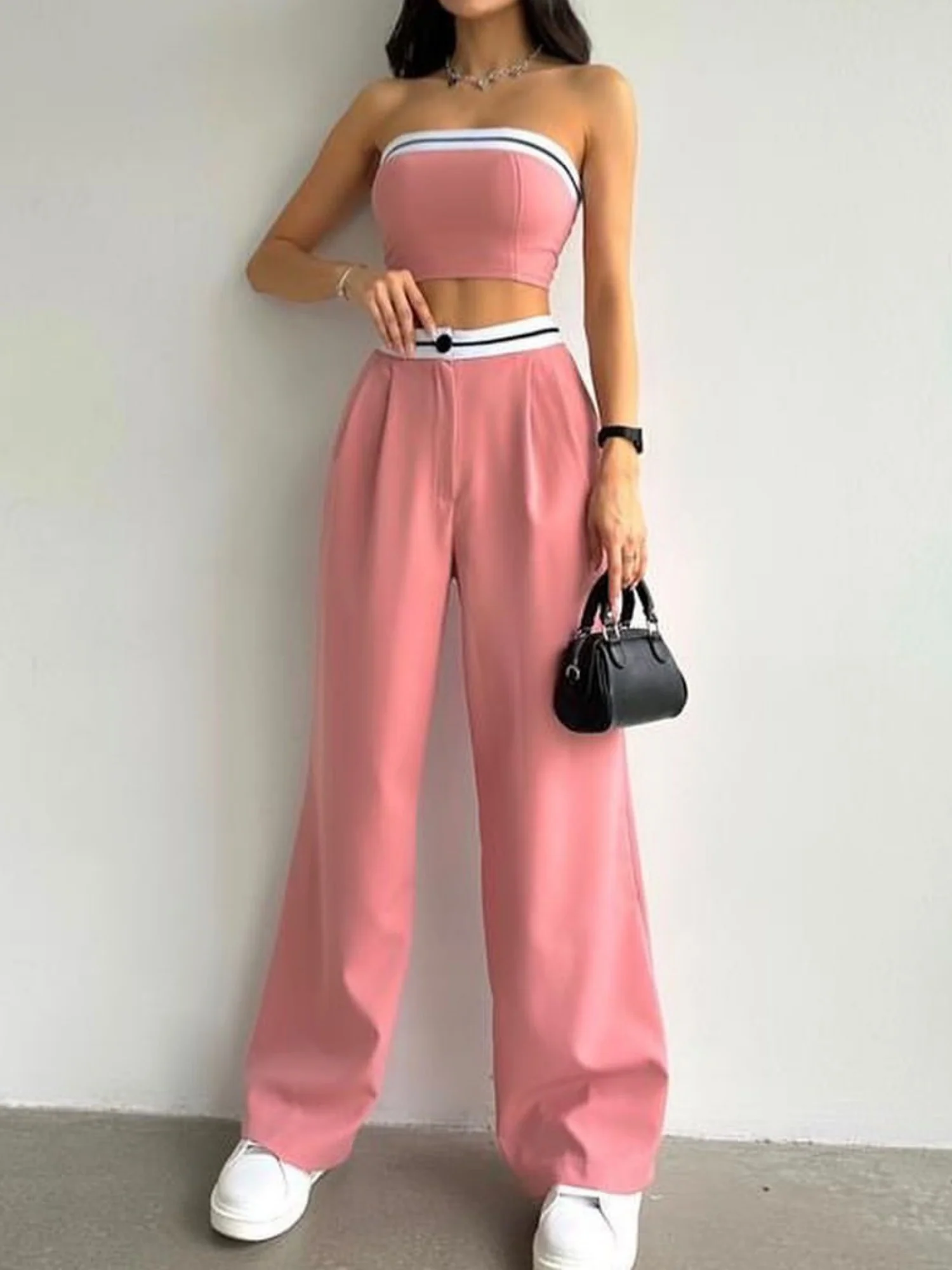 Color-blocked Vest Bandeau High-waisted Wide-leg Trousers 2-piece Sets - Image 3