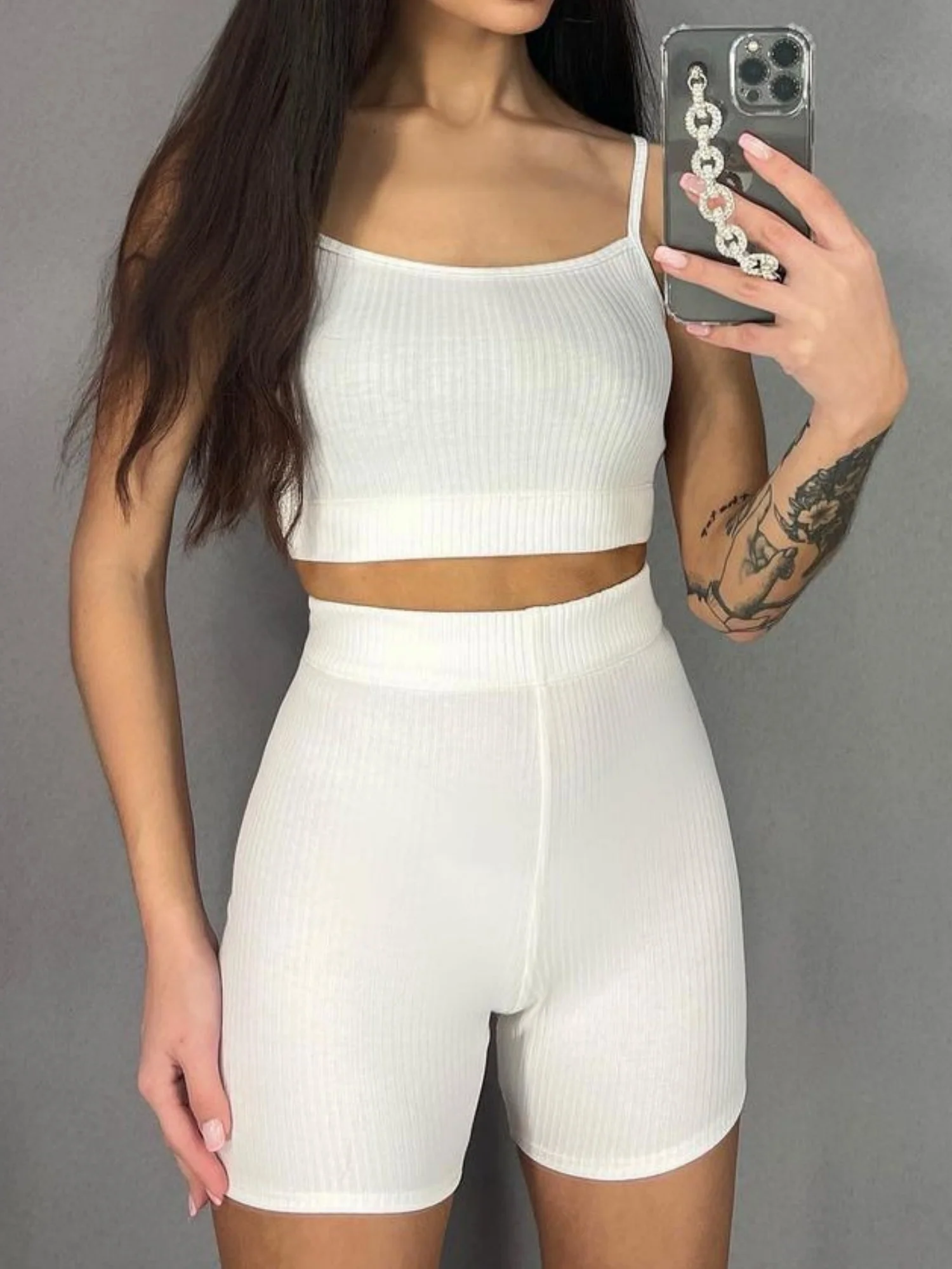 Piping Yoga Navel Exposed Suspender Shorts 2-piece Sets - Image 15