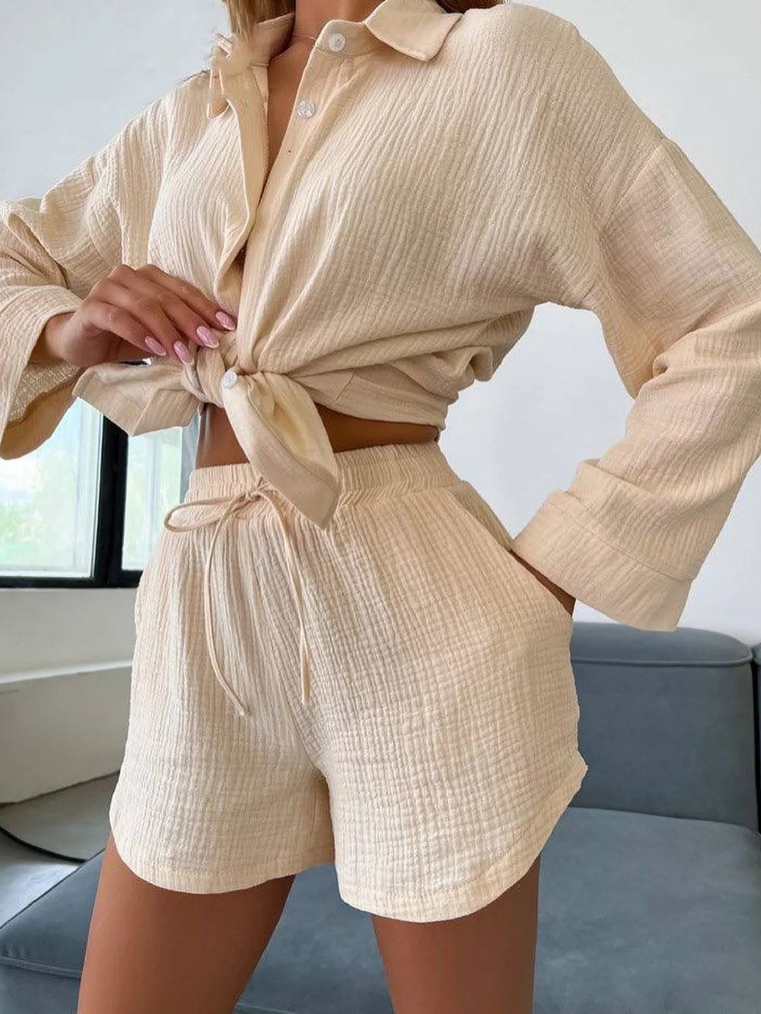 Long-sleeved Shirt Shorts 2-piece Sets - Image 3