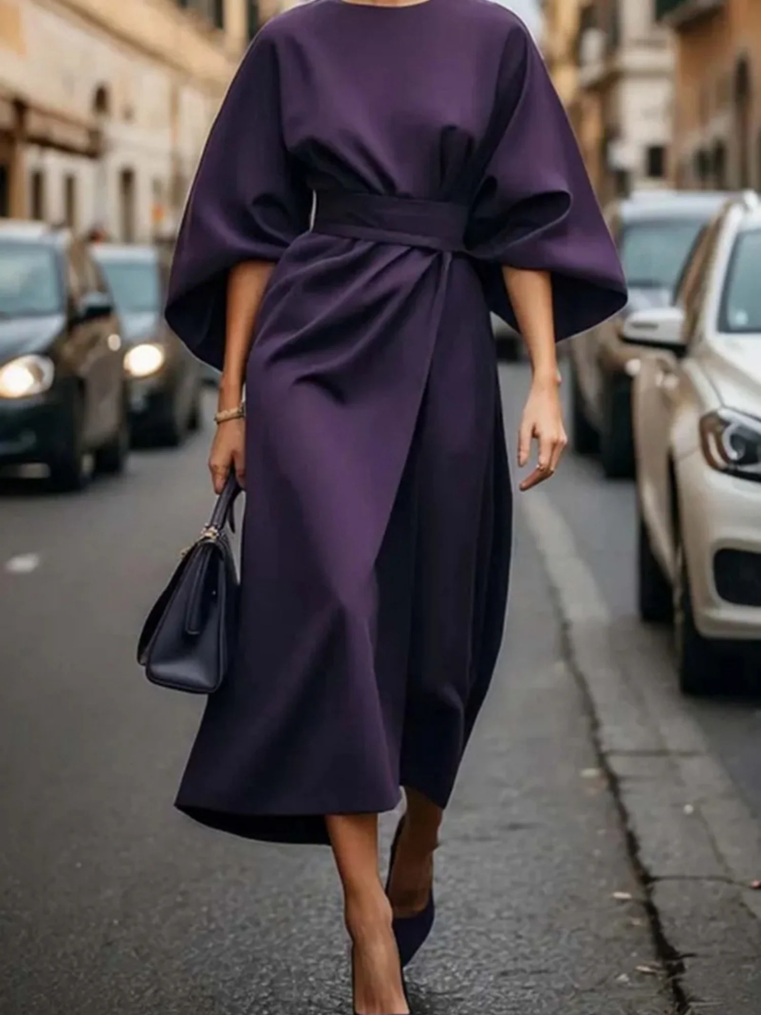 Batwing Sleeves Round Neck Tie High-waisted And Slimming Maxi Dresses - Image 10