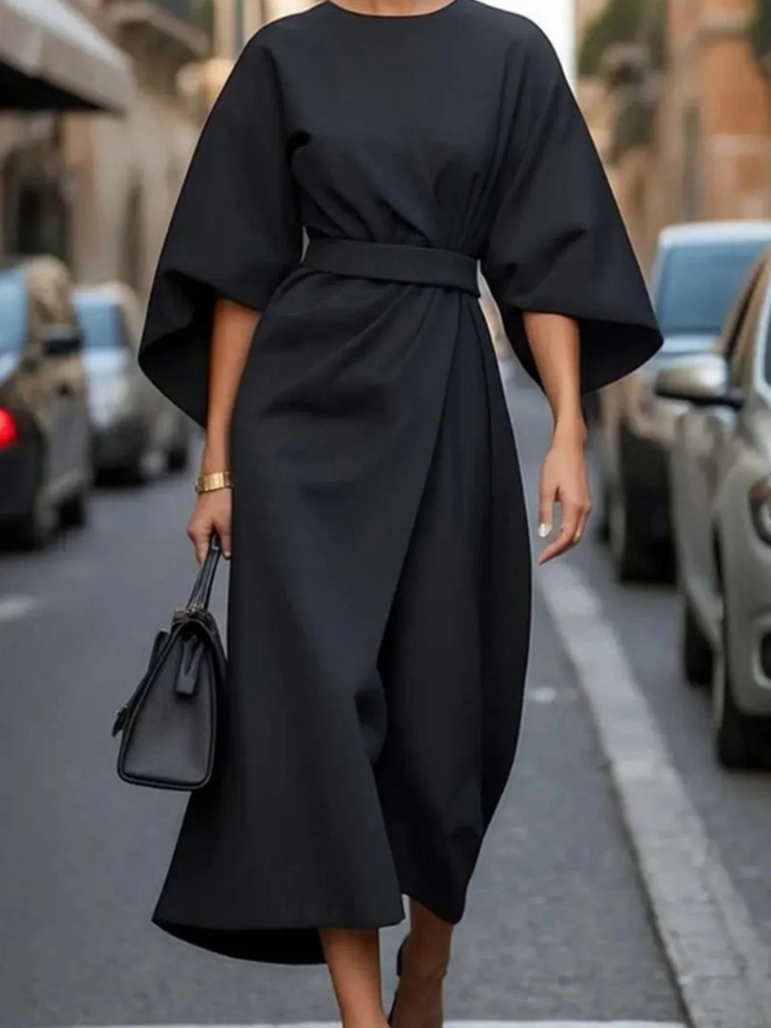 Batwing Sleeves Round Neck Tie High-waisted And Slimming Maxi Dresses - Image 11