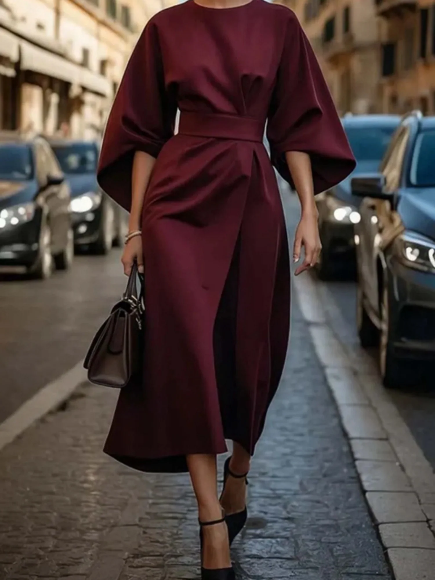 Batwing Sleeves Round Neck Tie High-waisted And Slimming Maxi Dresses - Image 4
