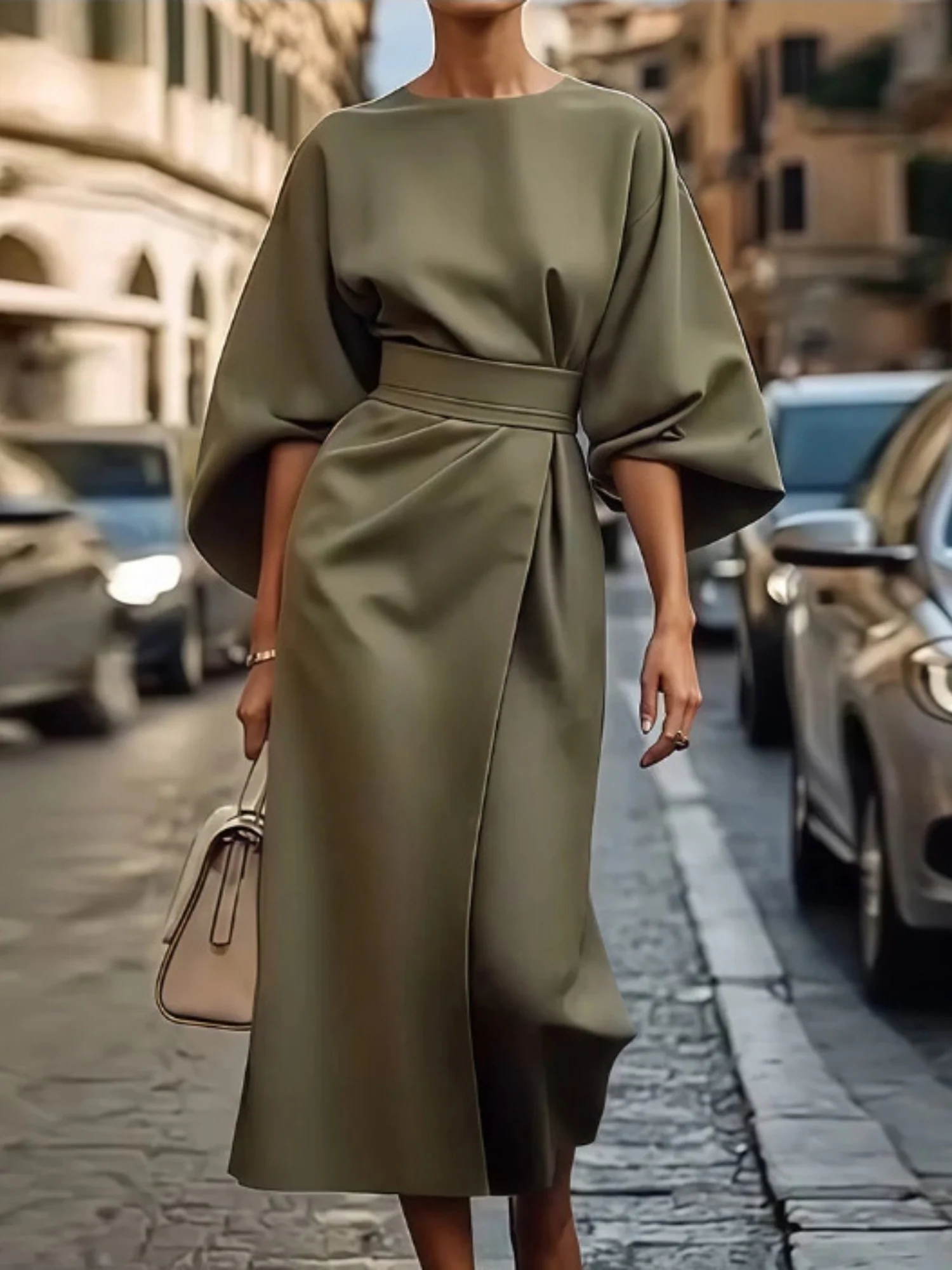 Batwing Sleeves Round Neck Tie High-waisted And Slimming Maxi Dresses - Image 5