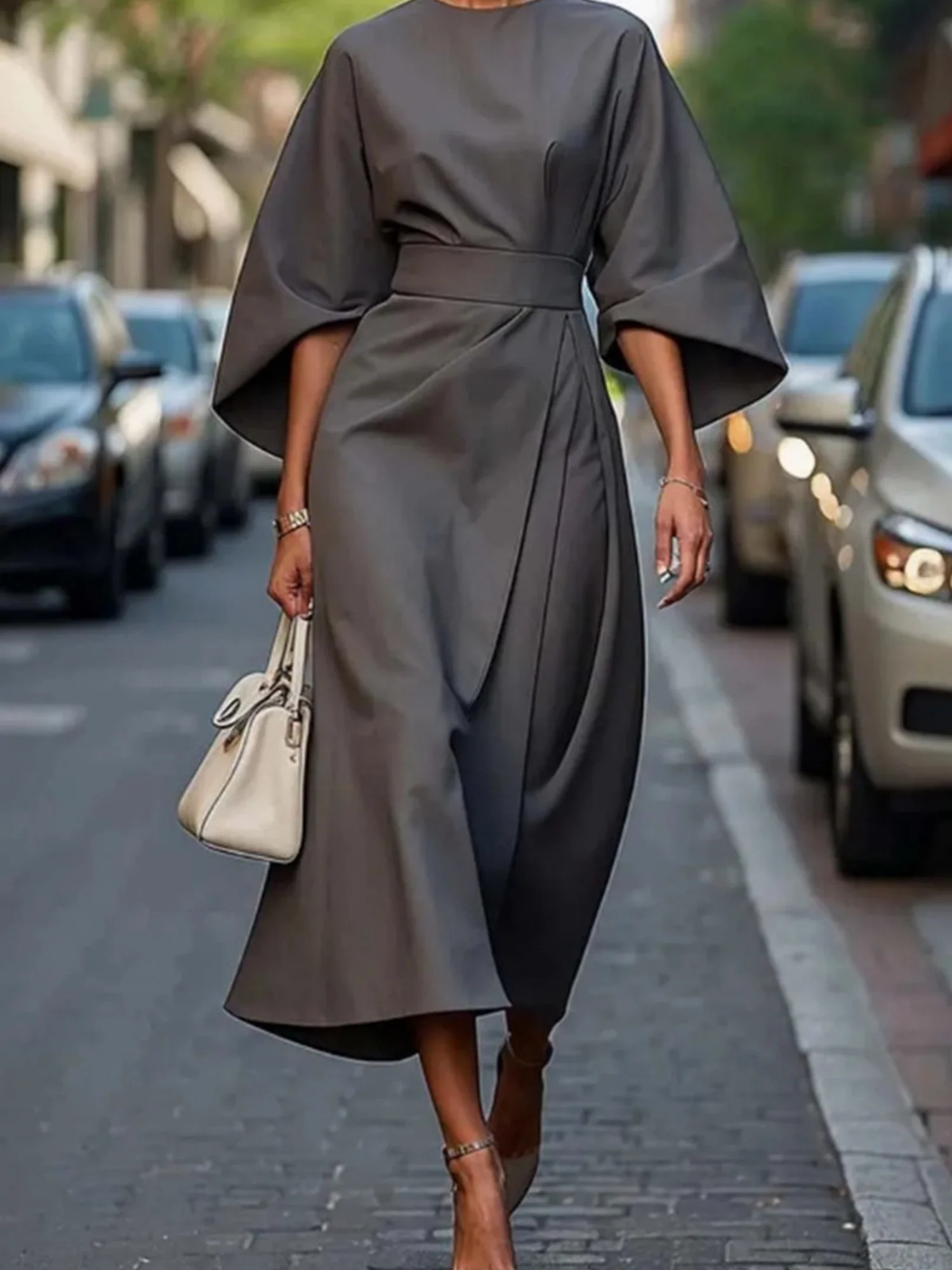 Batwing Sleeves Round Neck Tie High-waisted And Slimming Maxi Dresses - Image 8