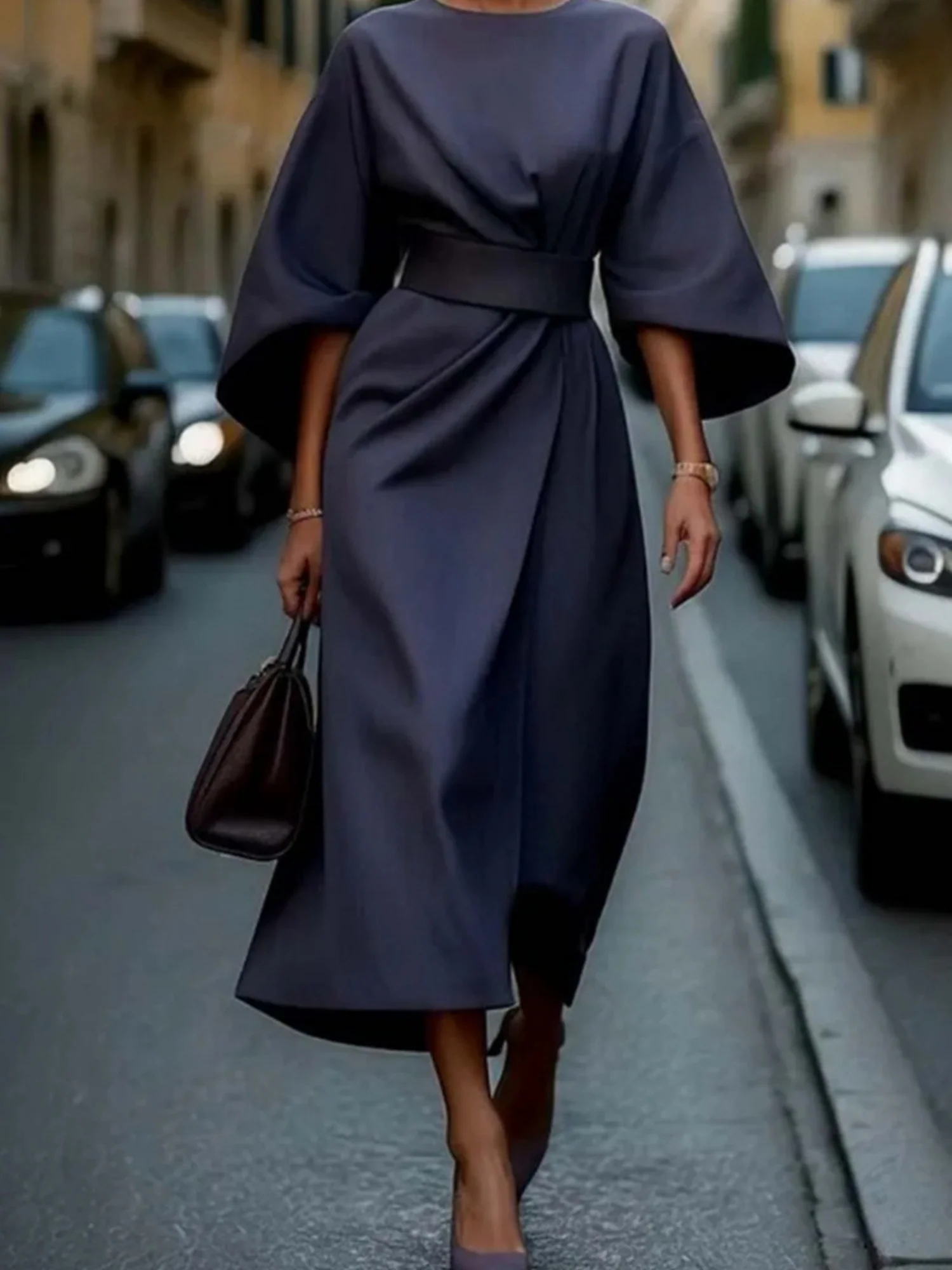 Batwing Sleeves Round Neck Tie High-waisted And Slimming Maxi Dresses - Image 9