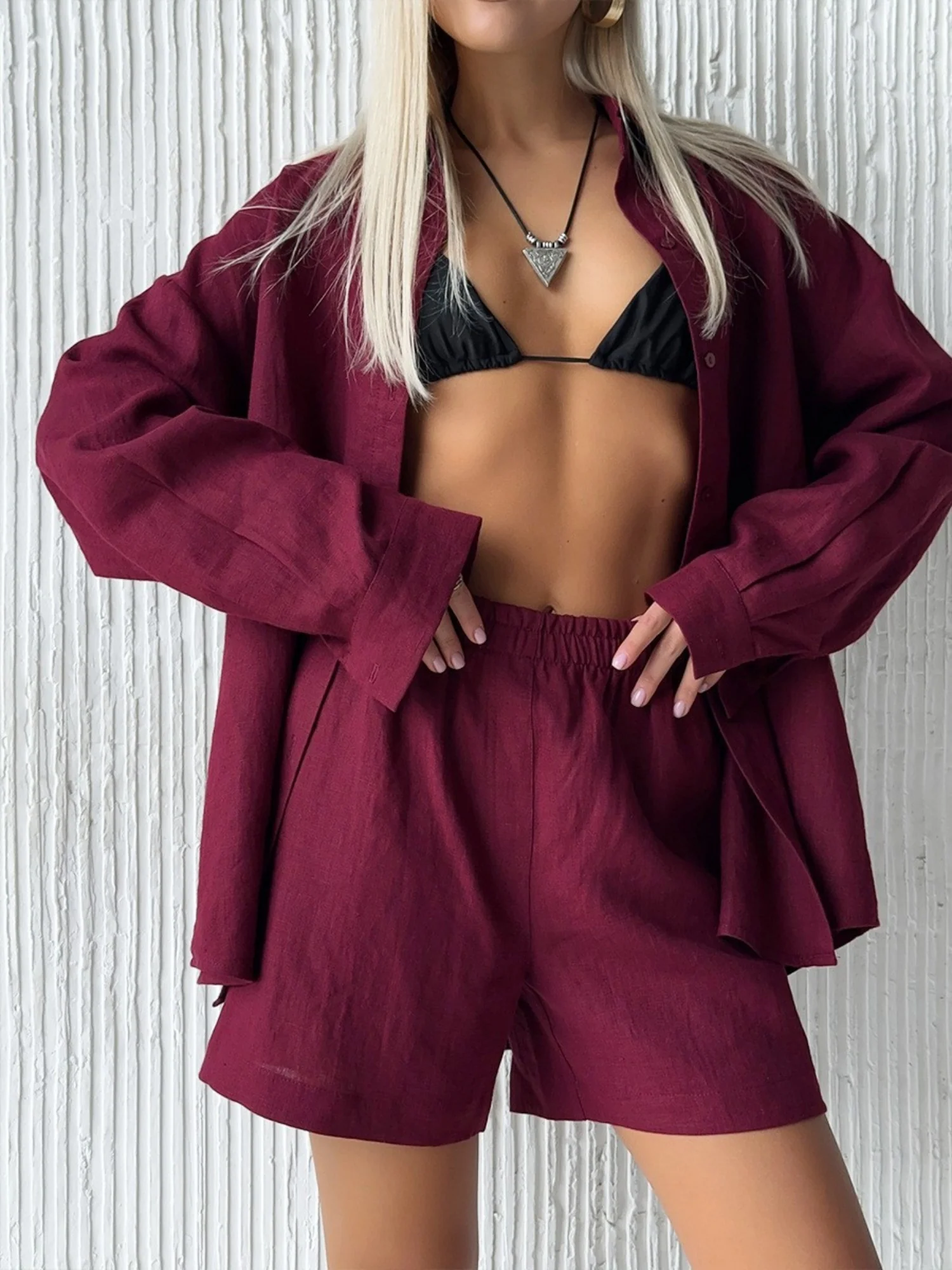 Long-sleeved Cardigan Shorts 2-piece Sets - Image 13