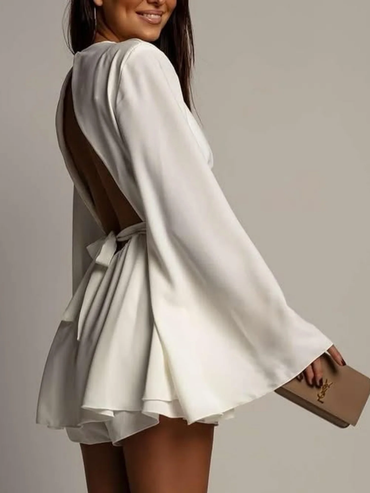 Backless  Flare Sleeve Waist Tie Mini&Short Dresses - Image 4