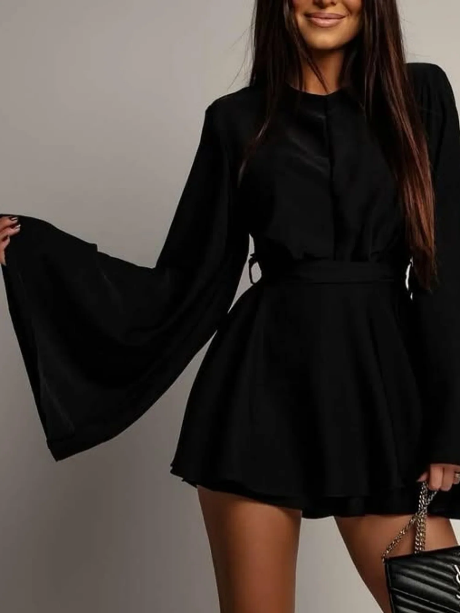 Backless  Flare Sleeve Waist Tie Mini&Short Dresses - Image 5