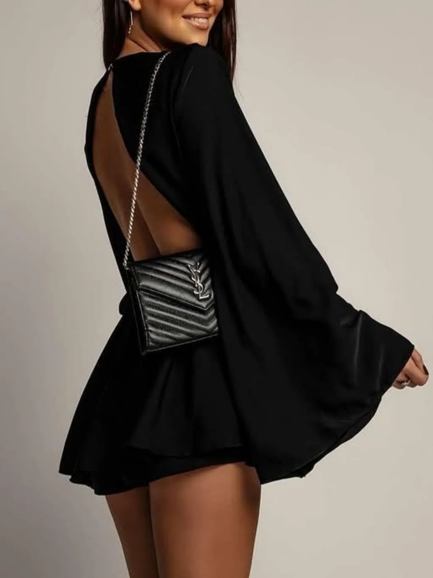 Backless  Flare Sleeve Waist Tie Mini&Short Dresses - Image 6