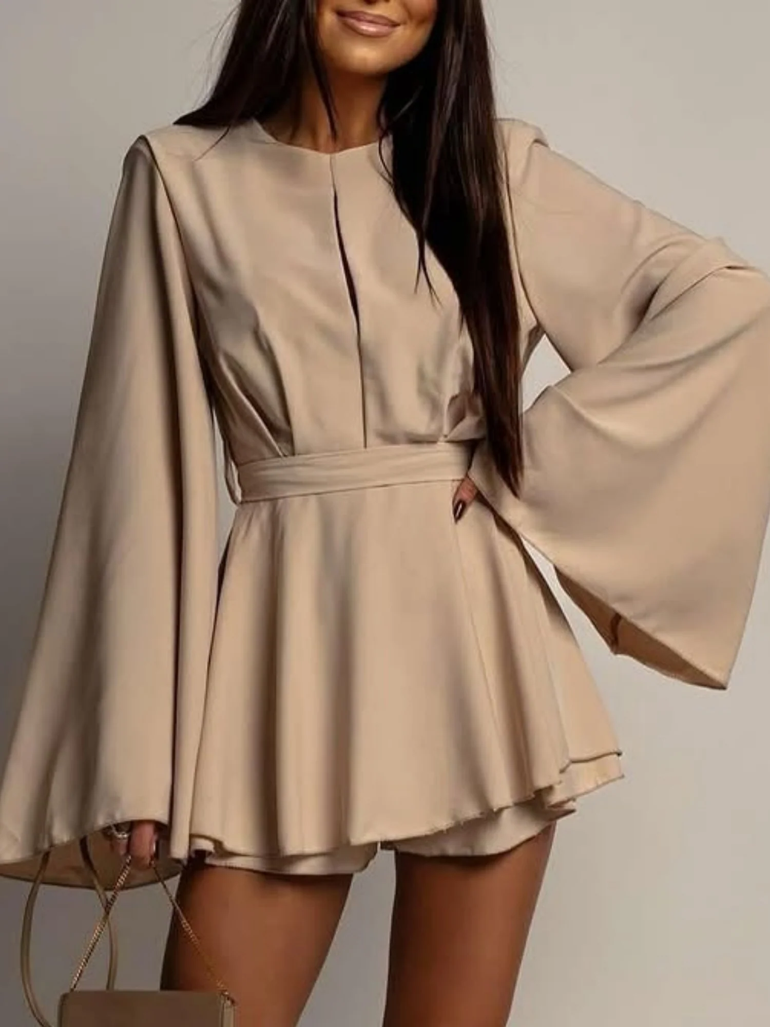 Backless  Flare Sleeve Waist Tie Mini&Short Dresses - Image 7