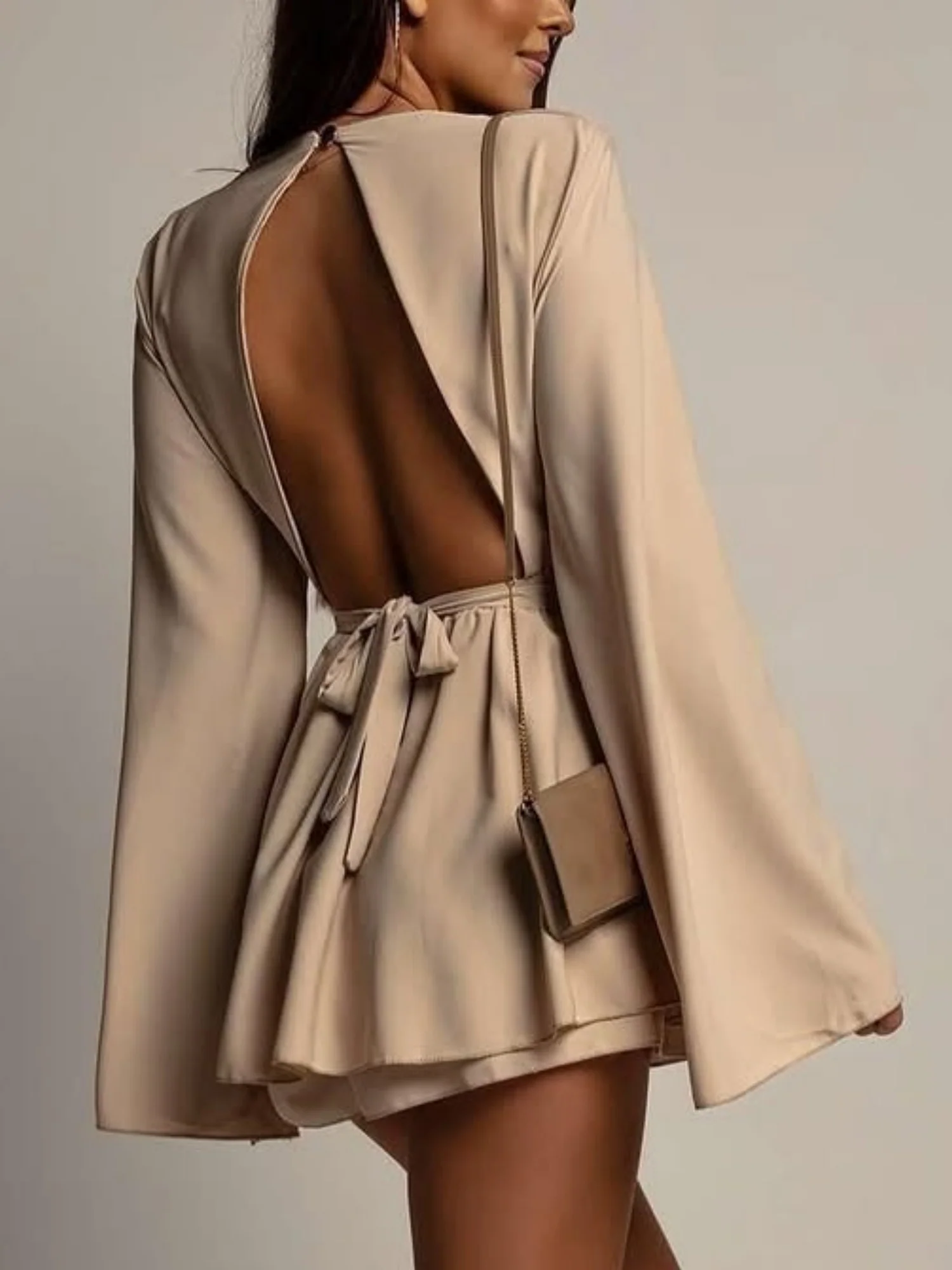 Backless  Flare Sleeve Waist Tie Mini&Short Dresses - Image 8