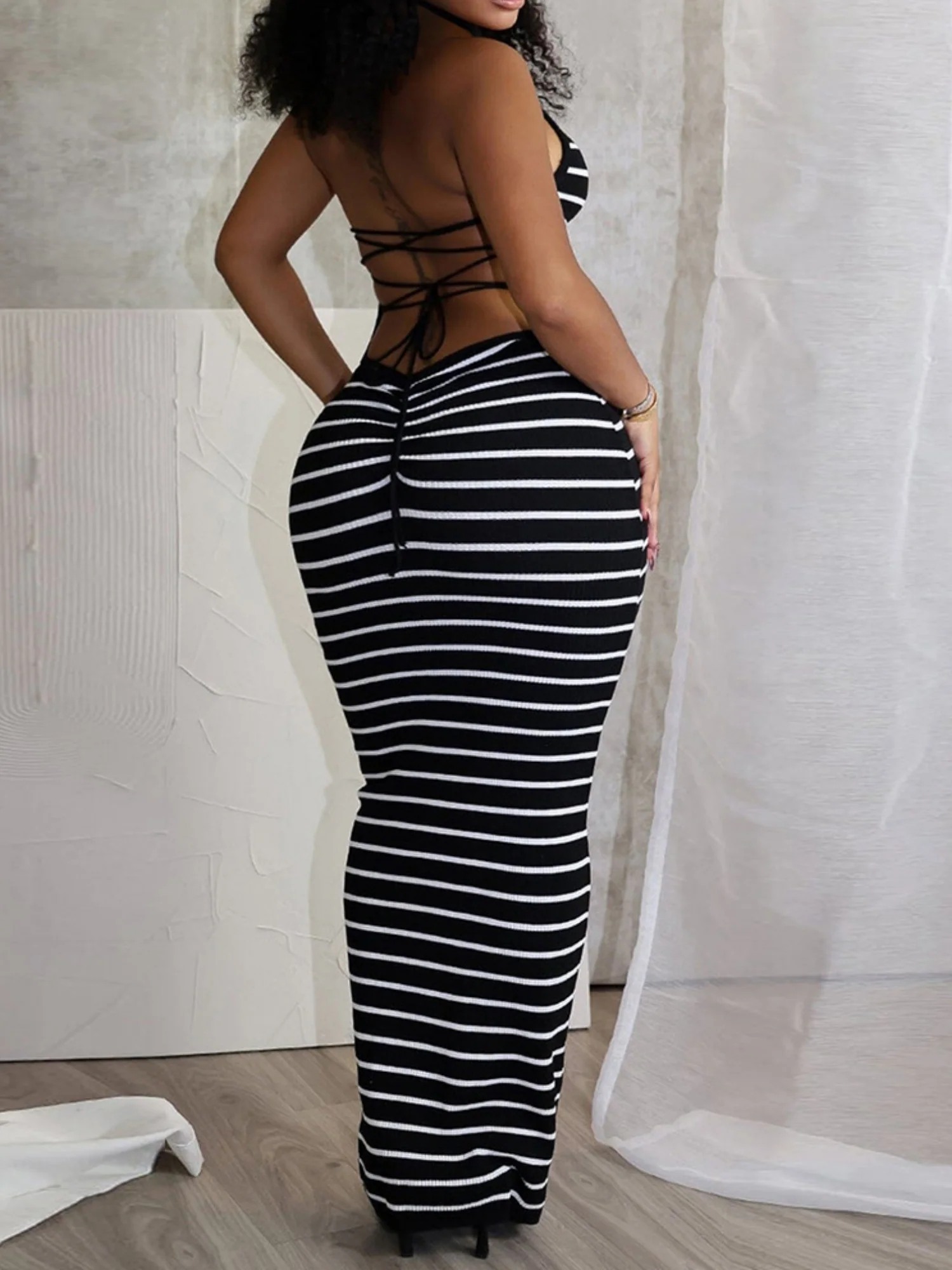 Striped Color Blocking Backless Strappy High Elasticity Maxi Dresses - Image 3