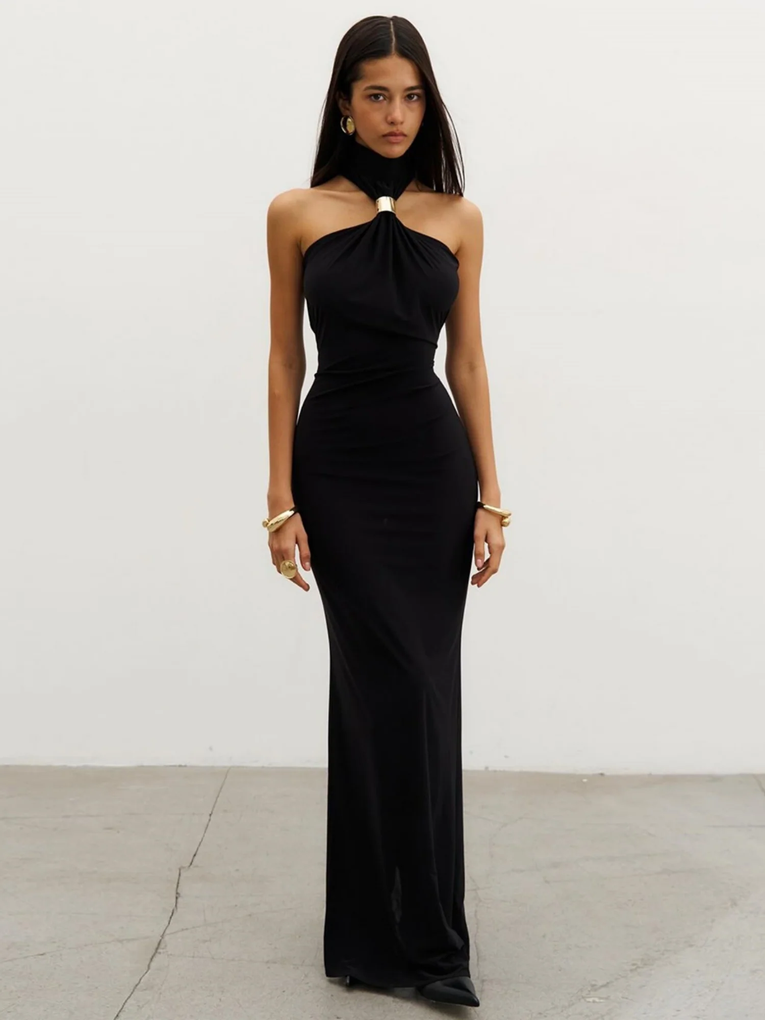 Metal Decoration Halter-neck Sleeveless Maxi Dresses - Image 3