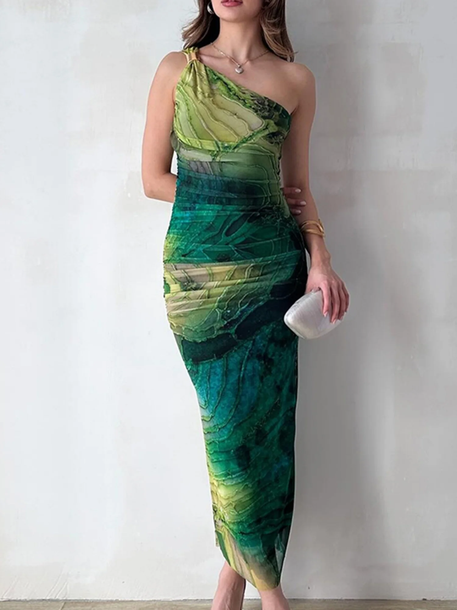 Printed Mesh Sloping Shoulders Maxi Dresses - Image 2