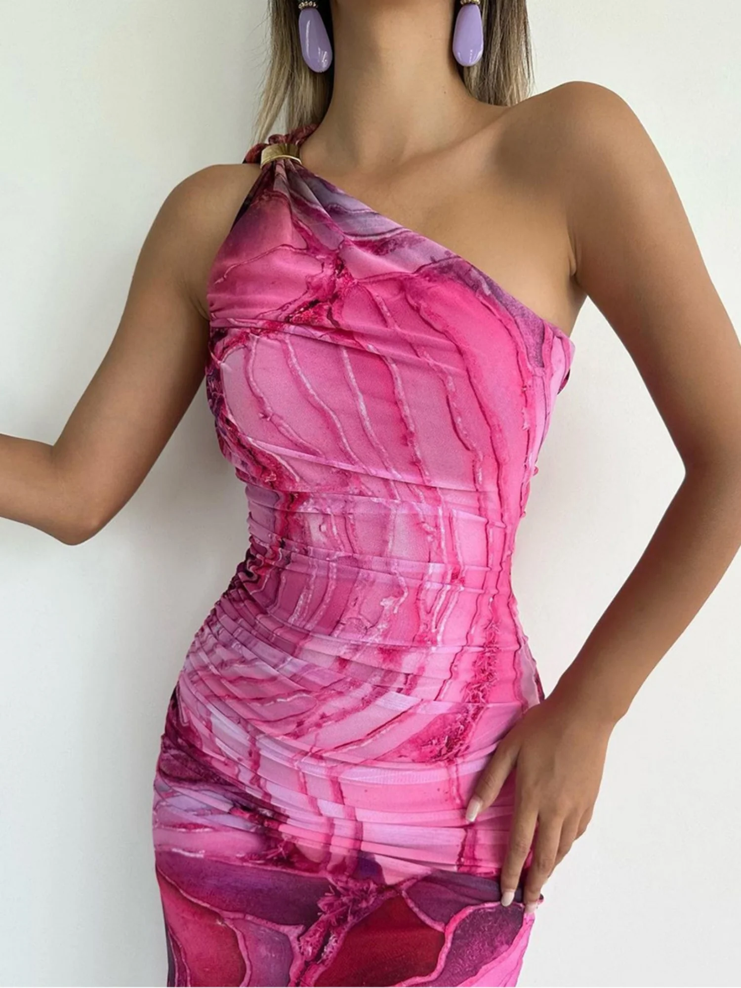 Printed Mesh Sloping Shoulders Maxi Dresses - Image 4