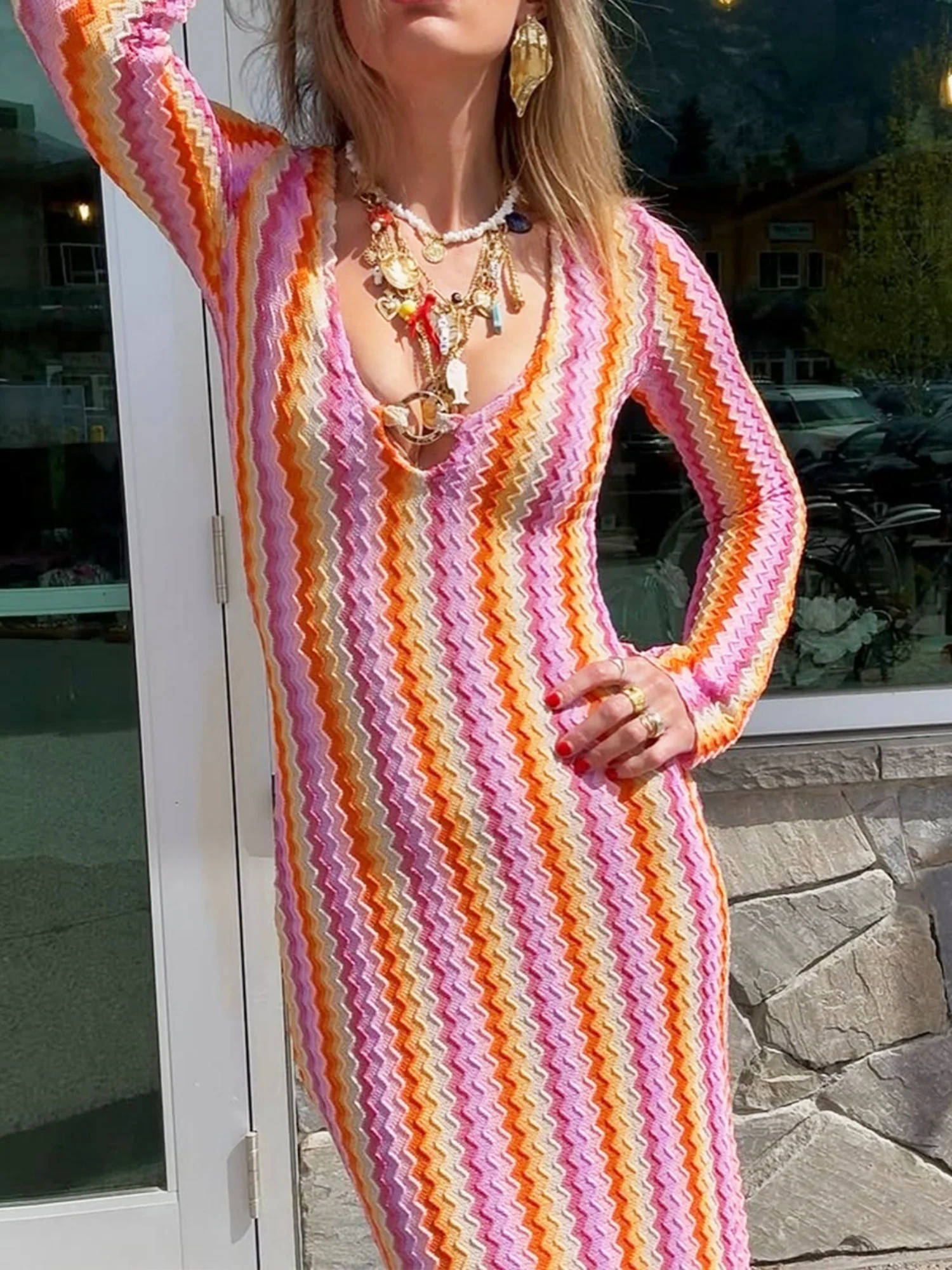 Striped Color Blocking V-neck Long Sleeve Maxi Dresses - Image 2