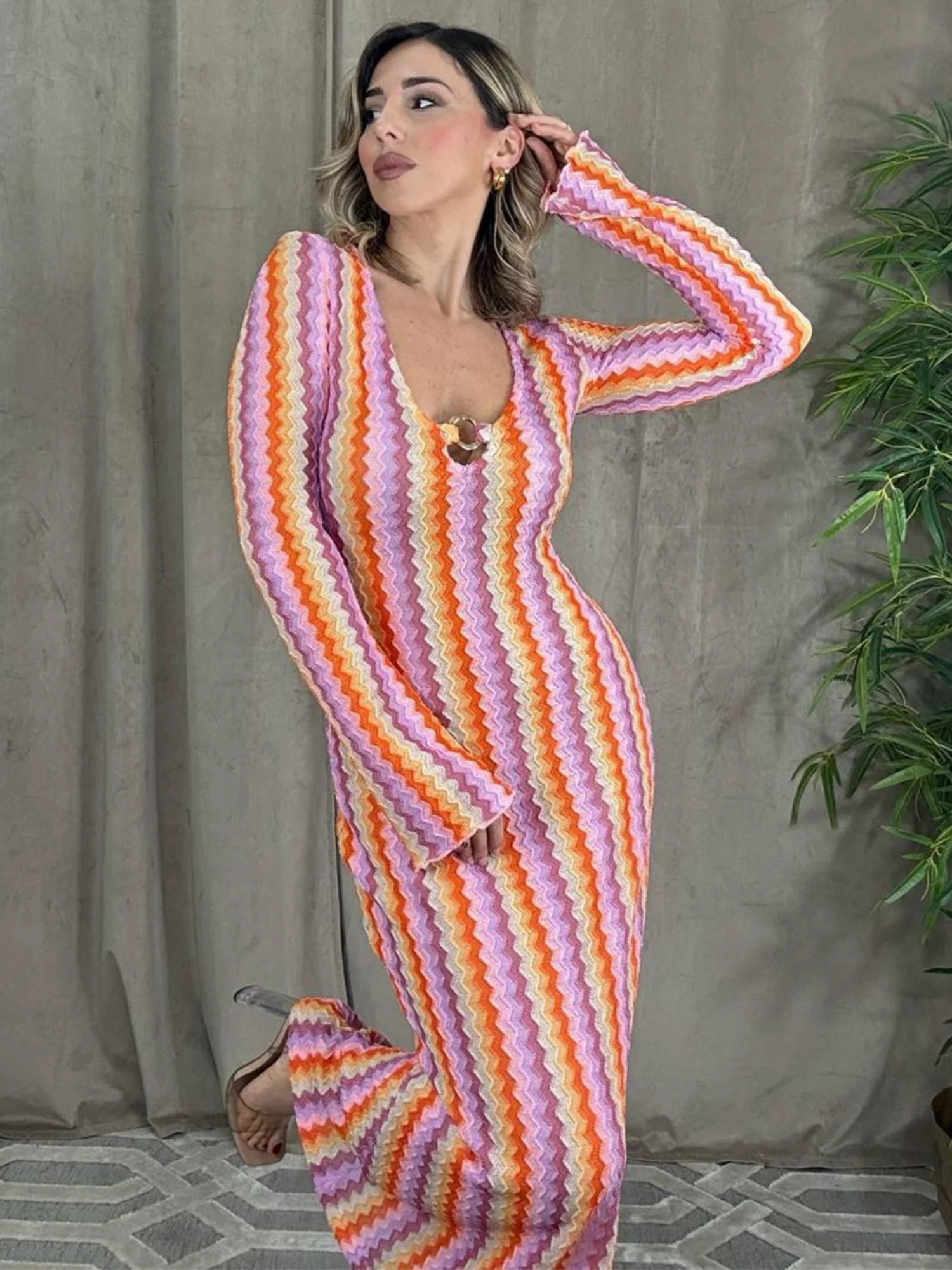 Striped Color Blocking V-neck Long Sleeve Maxi Dresses - Image 3