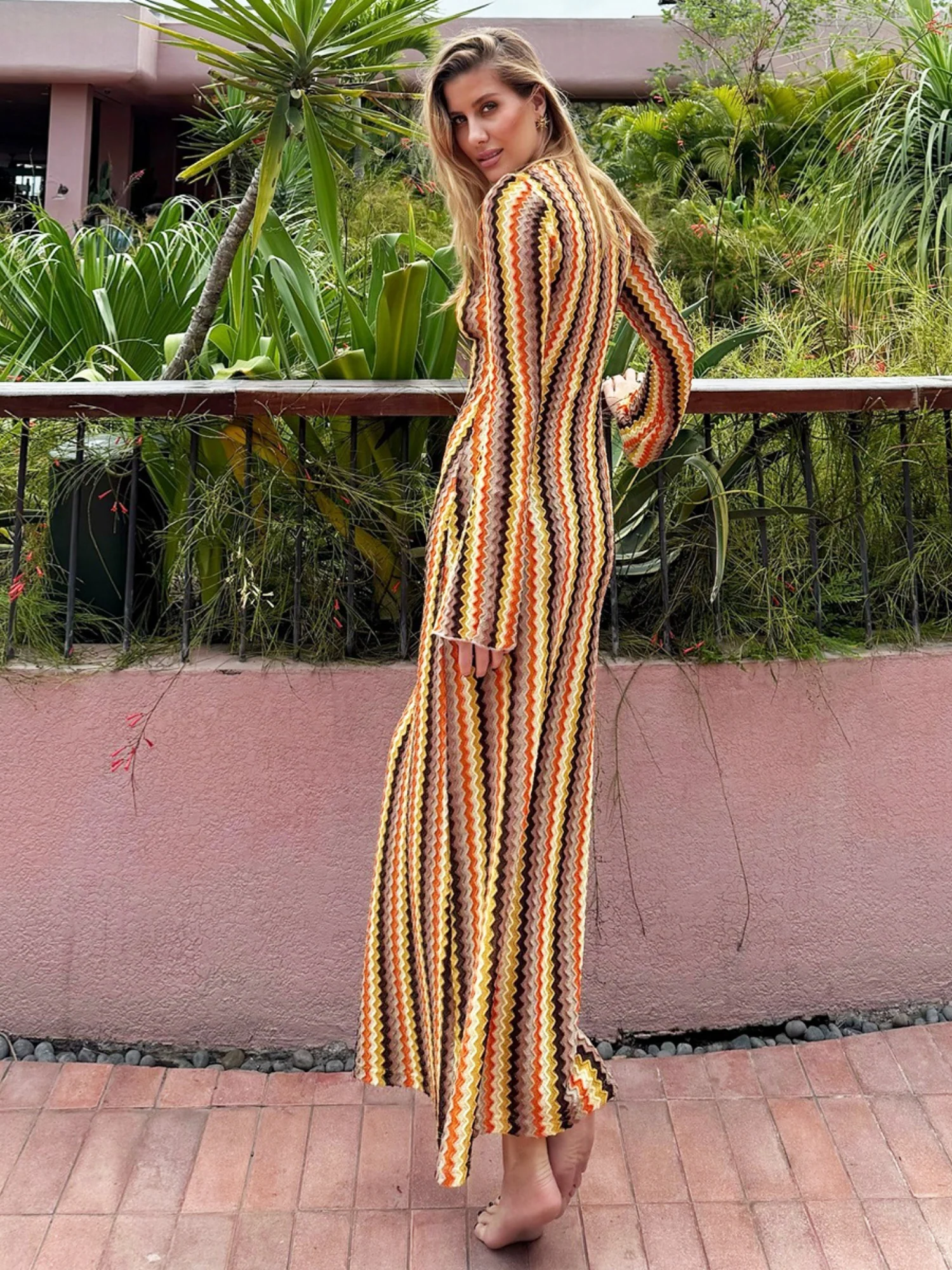 Striped Color Blocking V-neck Long Sleeve Maxi Dresses - Image 5