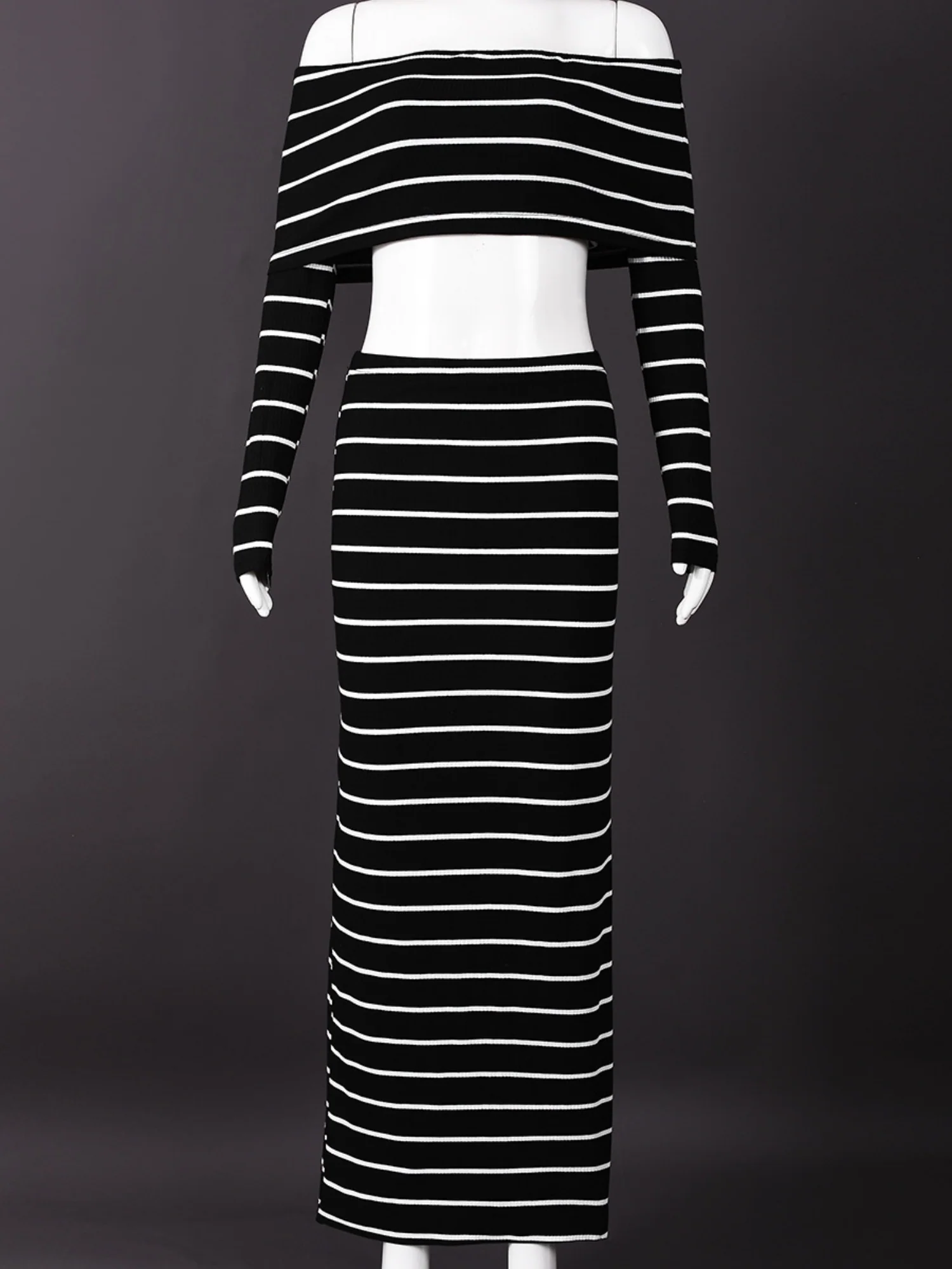 Striped Color Blocking Off-shoulder Long-sleeved T-shirt Long Bodycon Skirt 2-piece Sets - Image 4