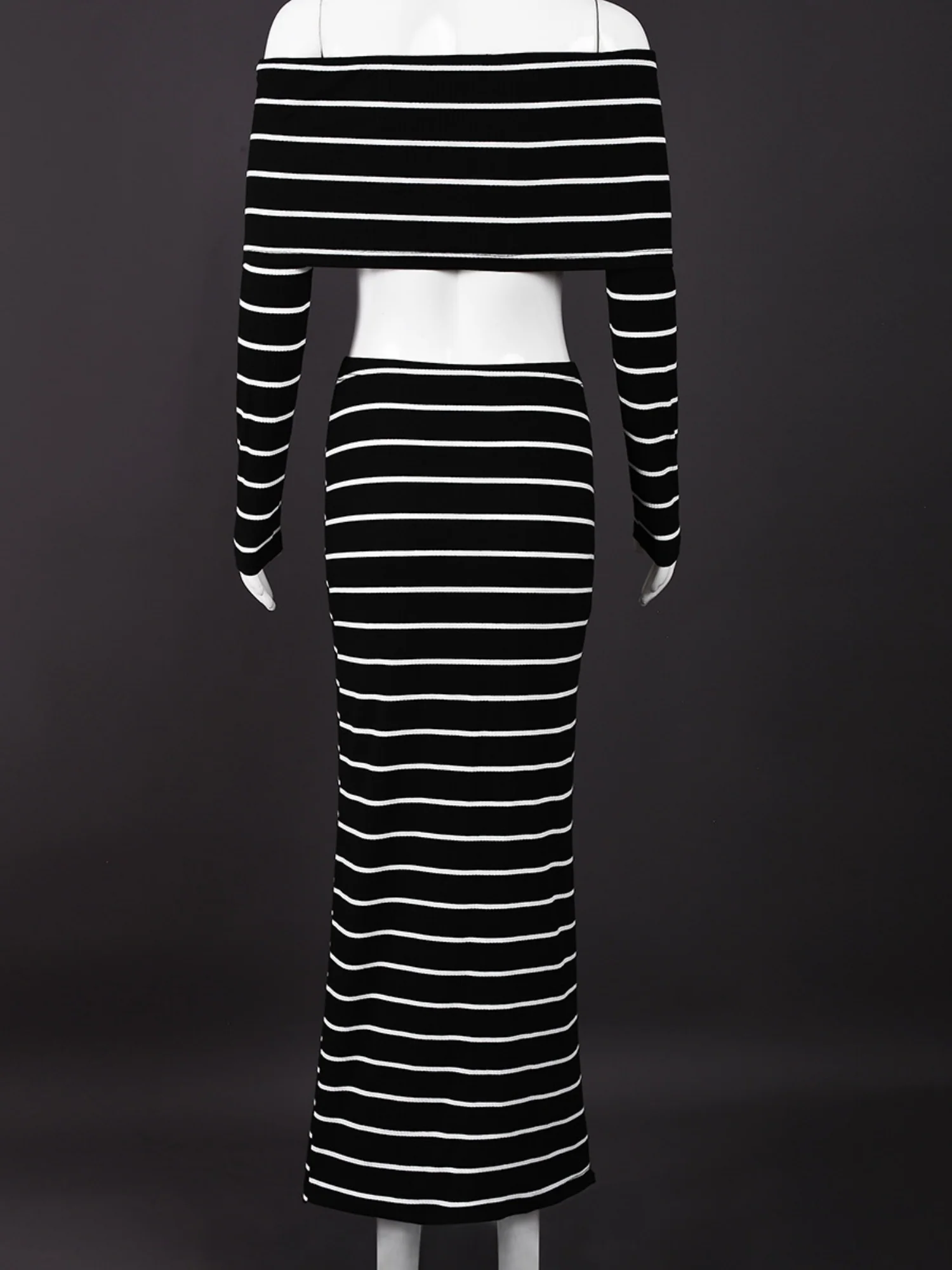 Striped Color Blocking Off-shoulder Long-sleeved T-shirt Long Bodycon Skirt 2-piece Sets - Image 5